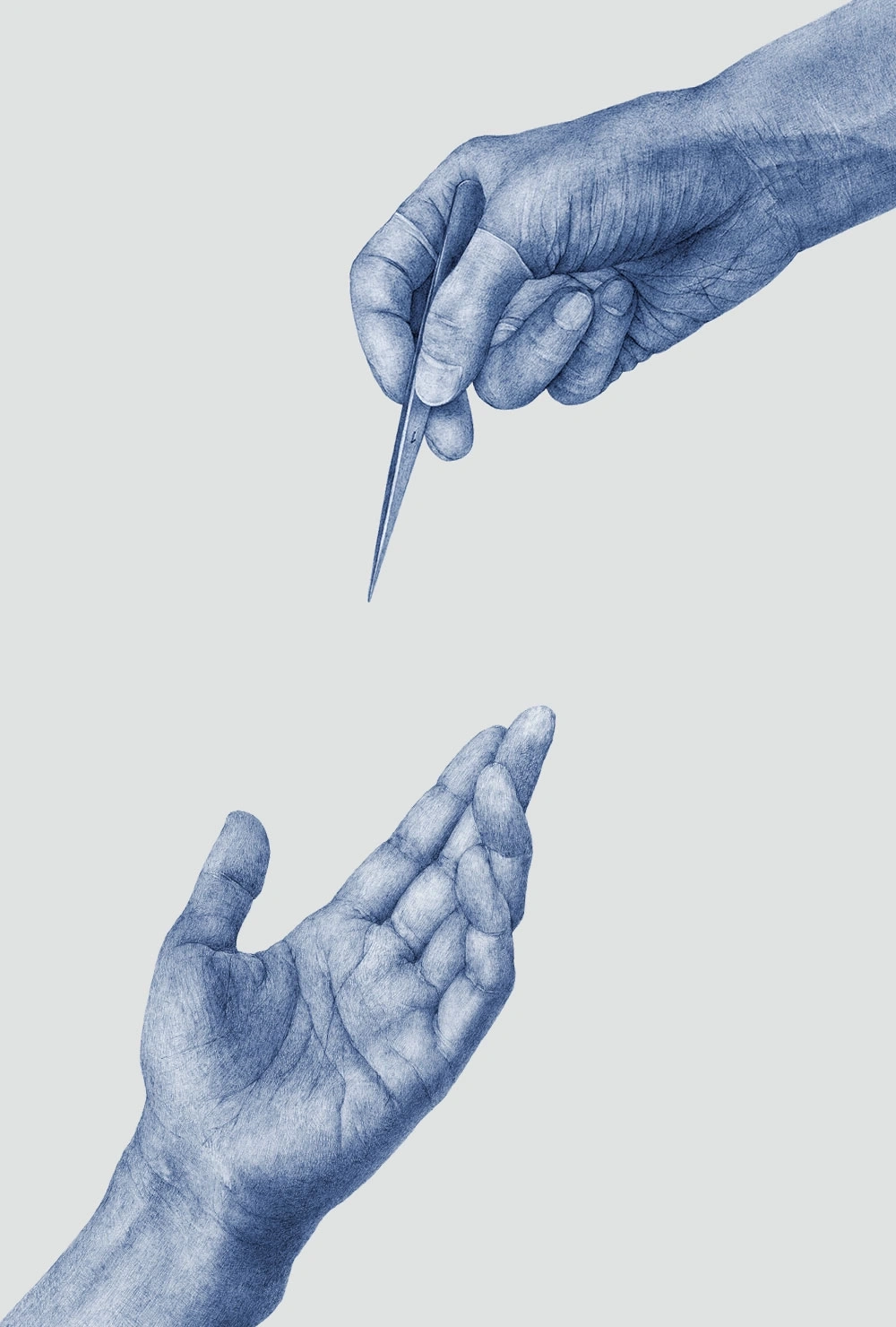 Handen met pincet, aanbieden of ontvangen, blauwe tekening op grijze achtergrond