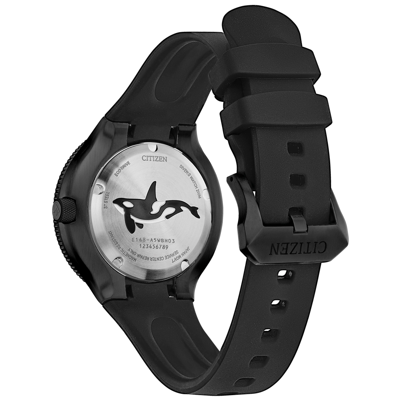 Citizen horloge met zwarte band en orca ontwerp op de achterkant.
