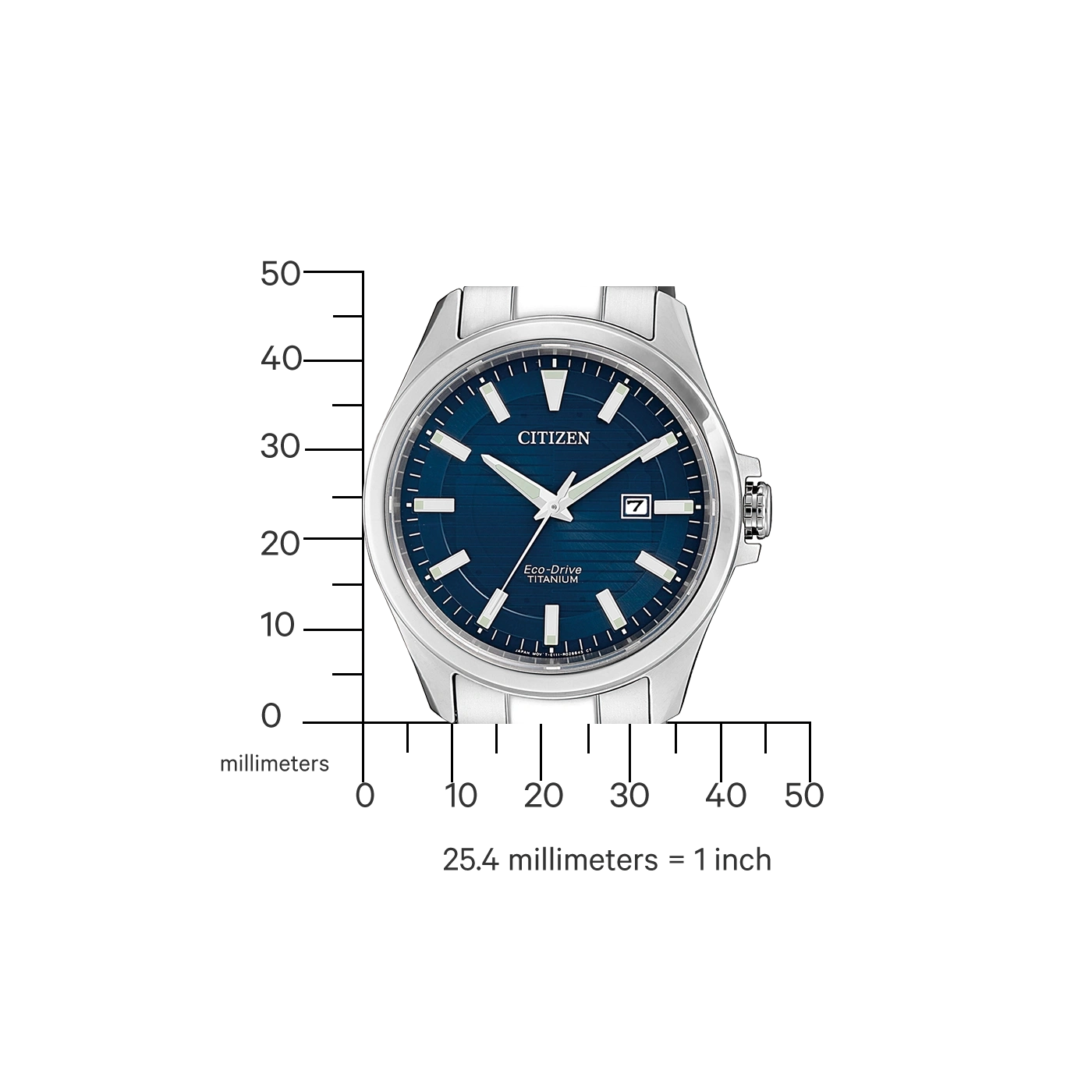Citizen horloge met blauwe wijzerplaat, titanium, Eco-Drive en datumweergave.