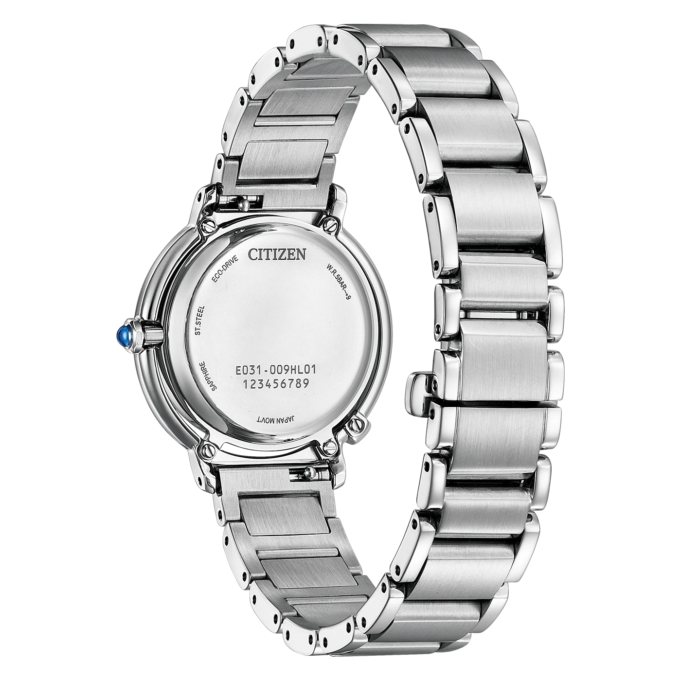 Citizen horlogerug, roestvrij staal, Eco-Drive, saffierglas, elegant design, moderne stijl.