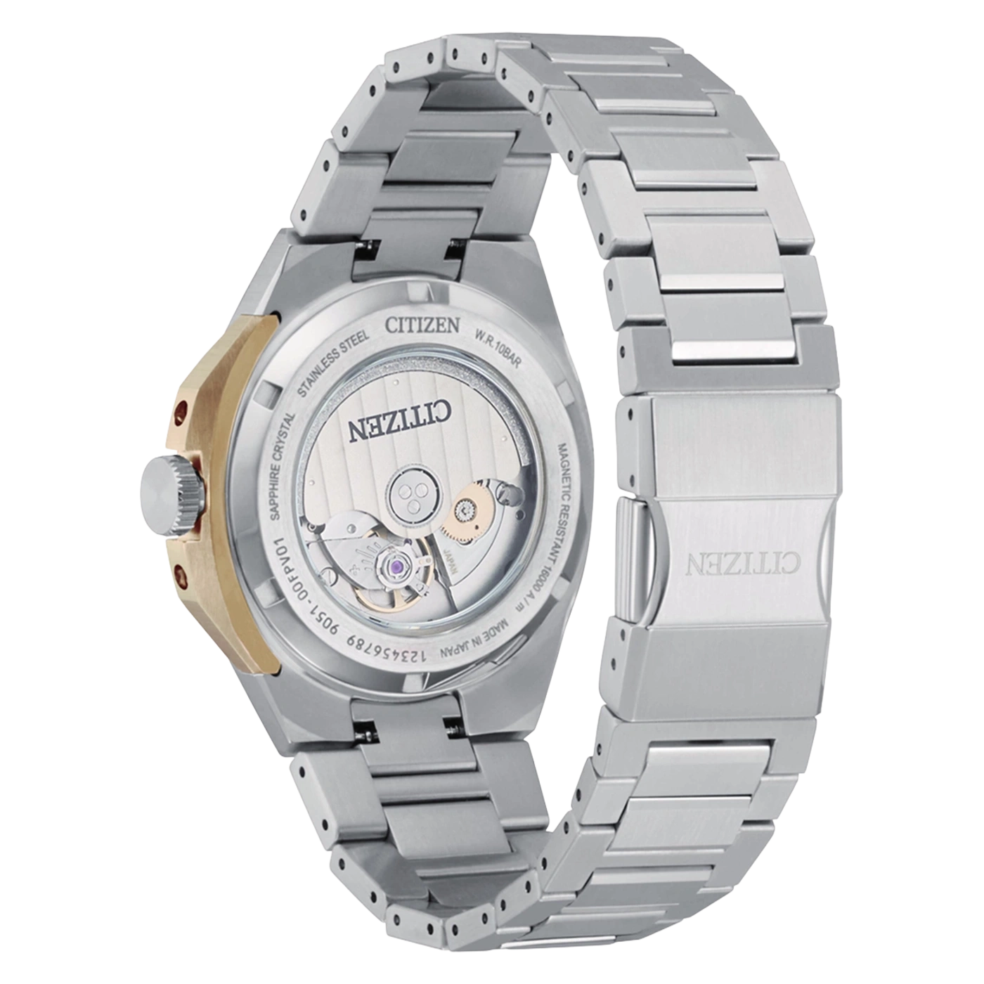 Achterkant van een Citizen horloge met zichtbaar uurwerk en metalen band.