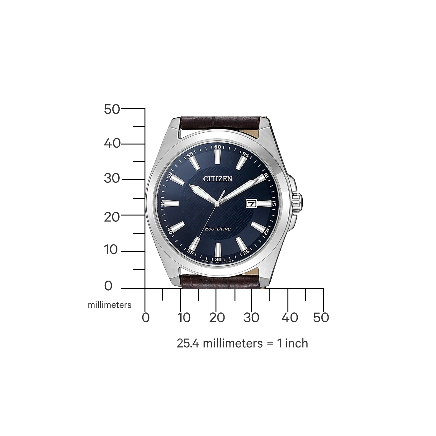 Citizen horloge met een donkerblauwe wijzerplaat en bruine leren band, met afmetingen.