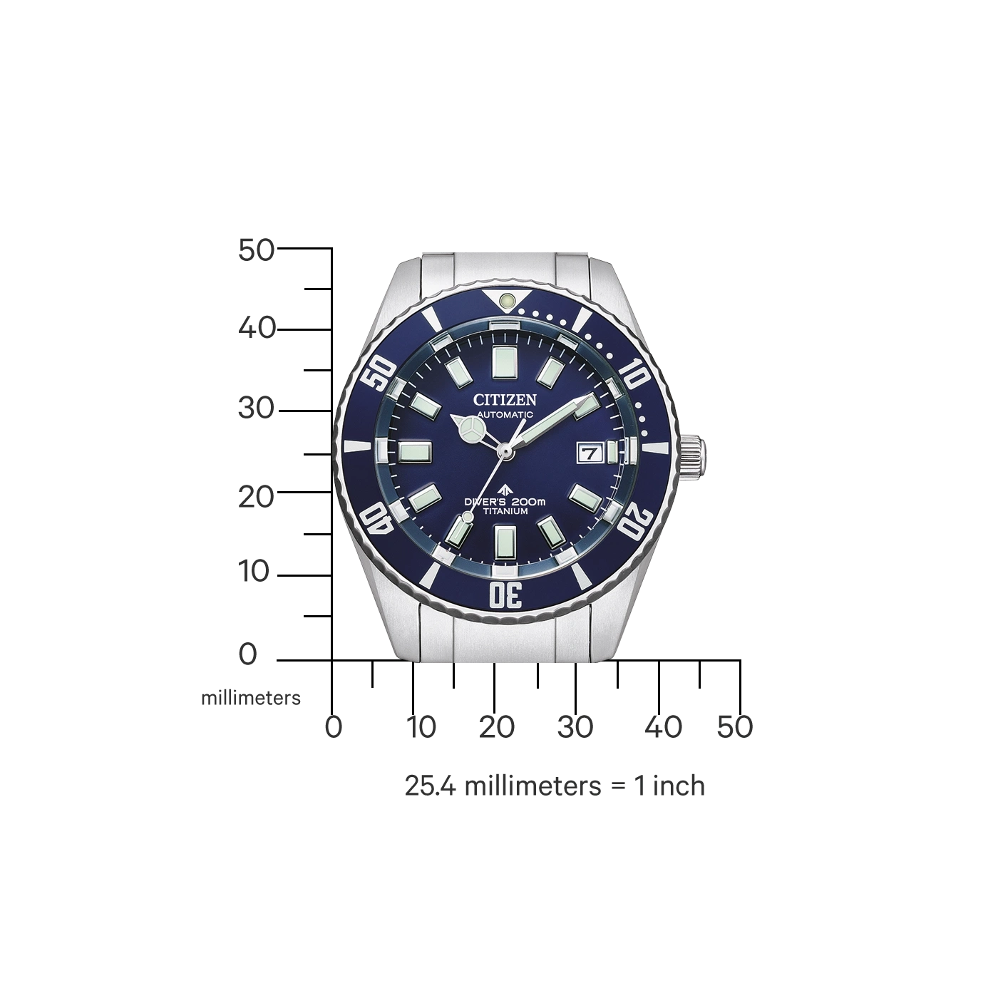 Citizen horloge met blauwe wijzerplaat, titanium en meetschaal.