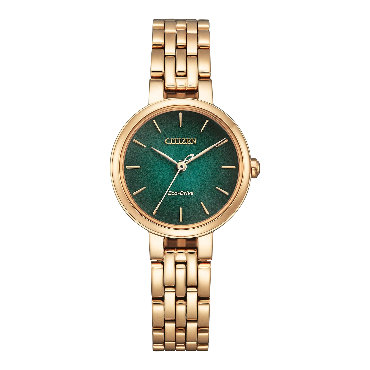 Citizen Eco-Drive horloge met groene wijzerplaat en gouden armband.