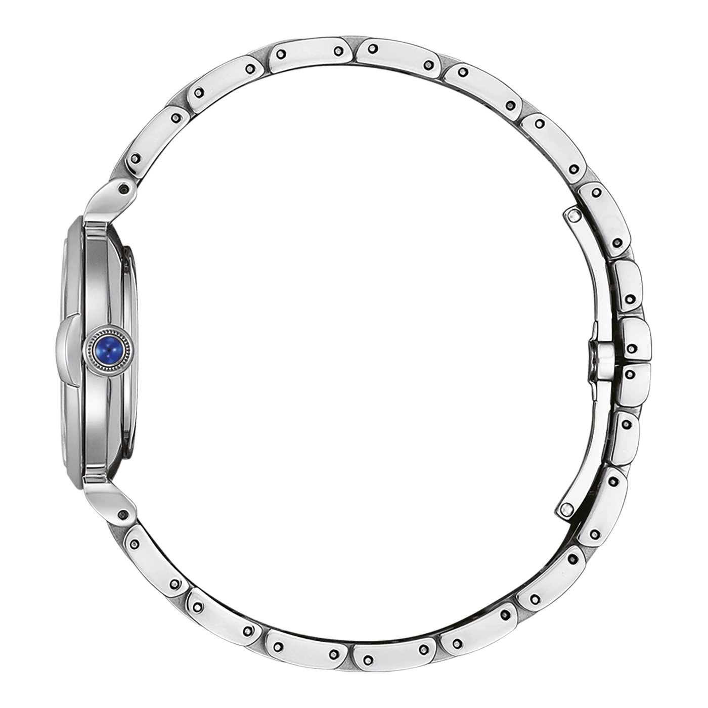 Zilveren horloge met blauwe edelsteen en metalen armband, zijaanzicht.