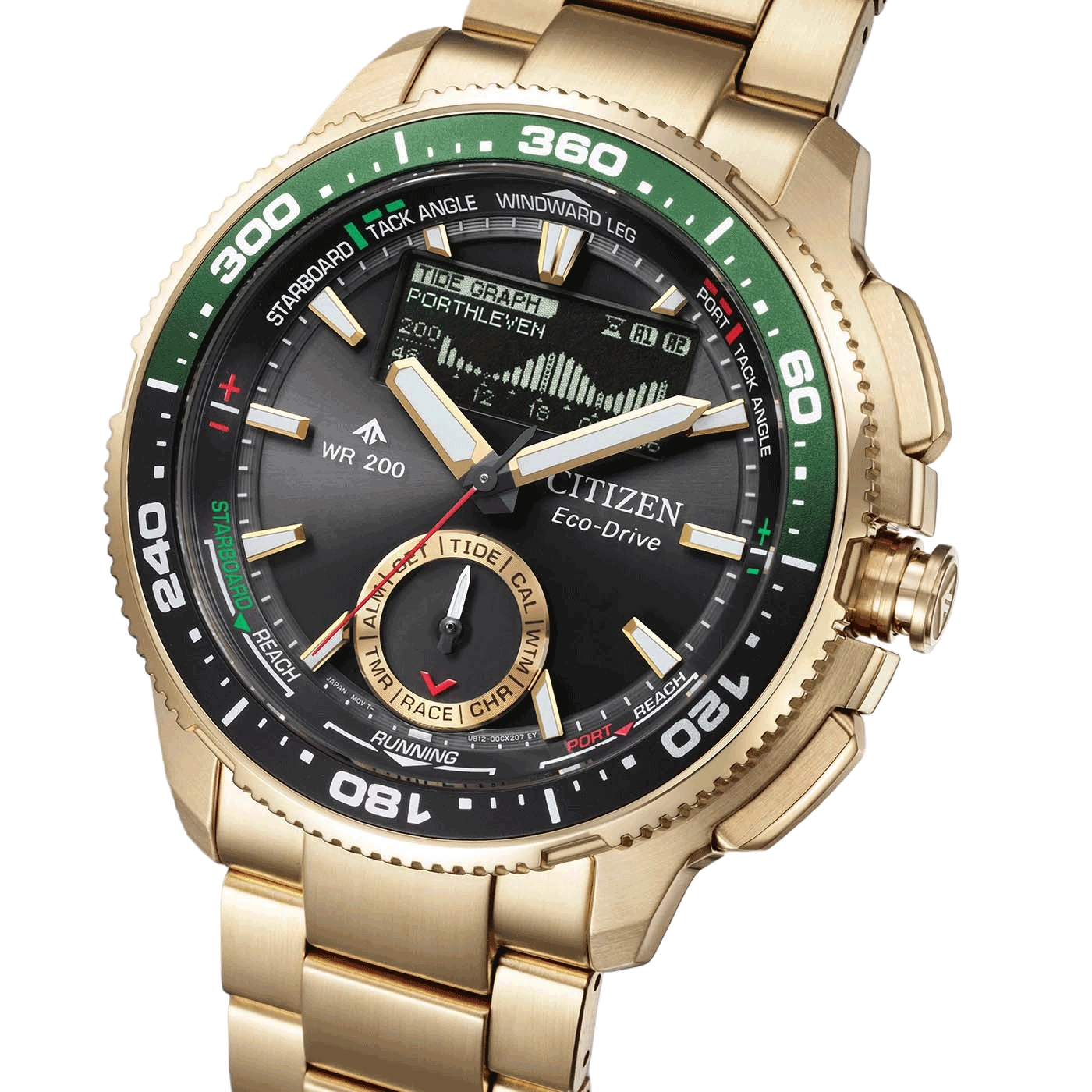 Een gouden Citizen Eco-Drive horloge met een zwart wijzerplaat en groene ring, met getijdengrafiekweergave.