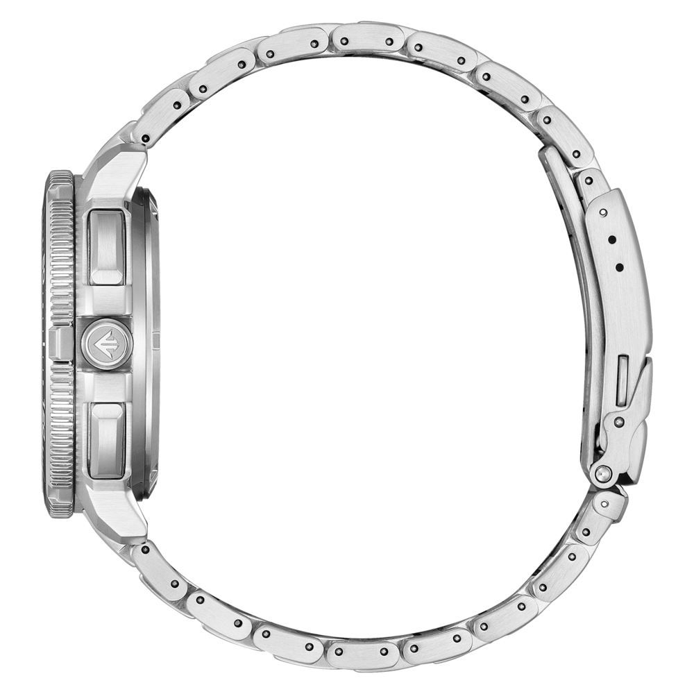 Zijaanzicht van een zilveren horloge met metalen band.