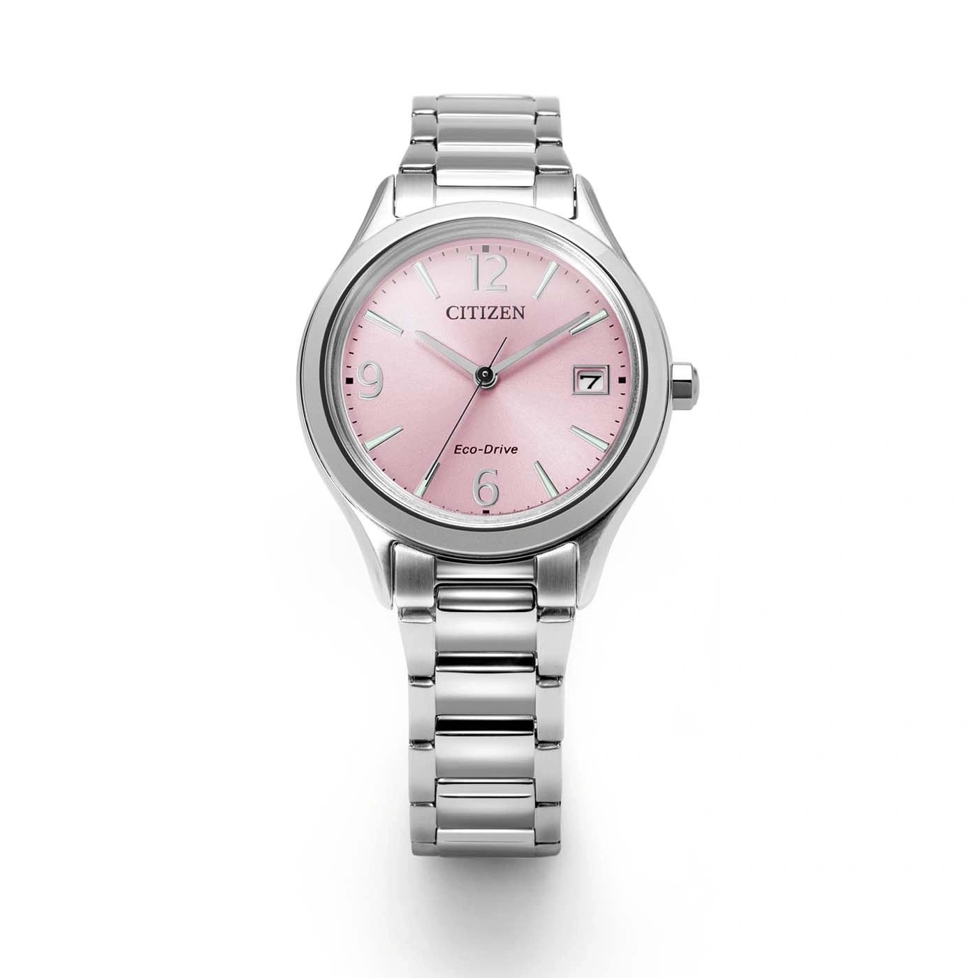 Een zilveren Citizen Eco-Drive horloge met een roze wijzerplaat en zilveren band.