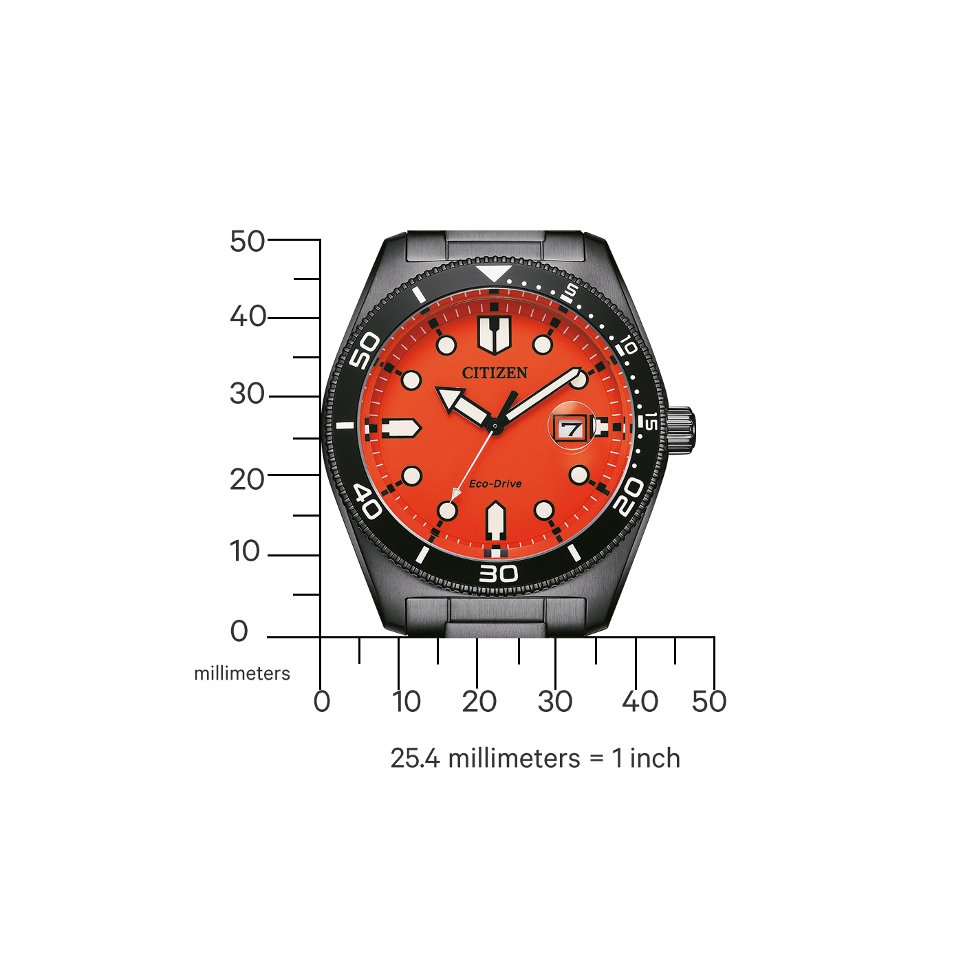 Citizen horloge met oranje wijzerplaat, zwarte bezel en grijze band. Eco-Drive.