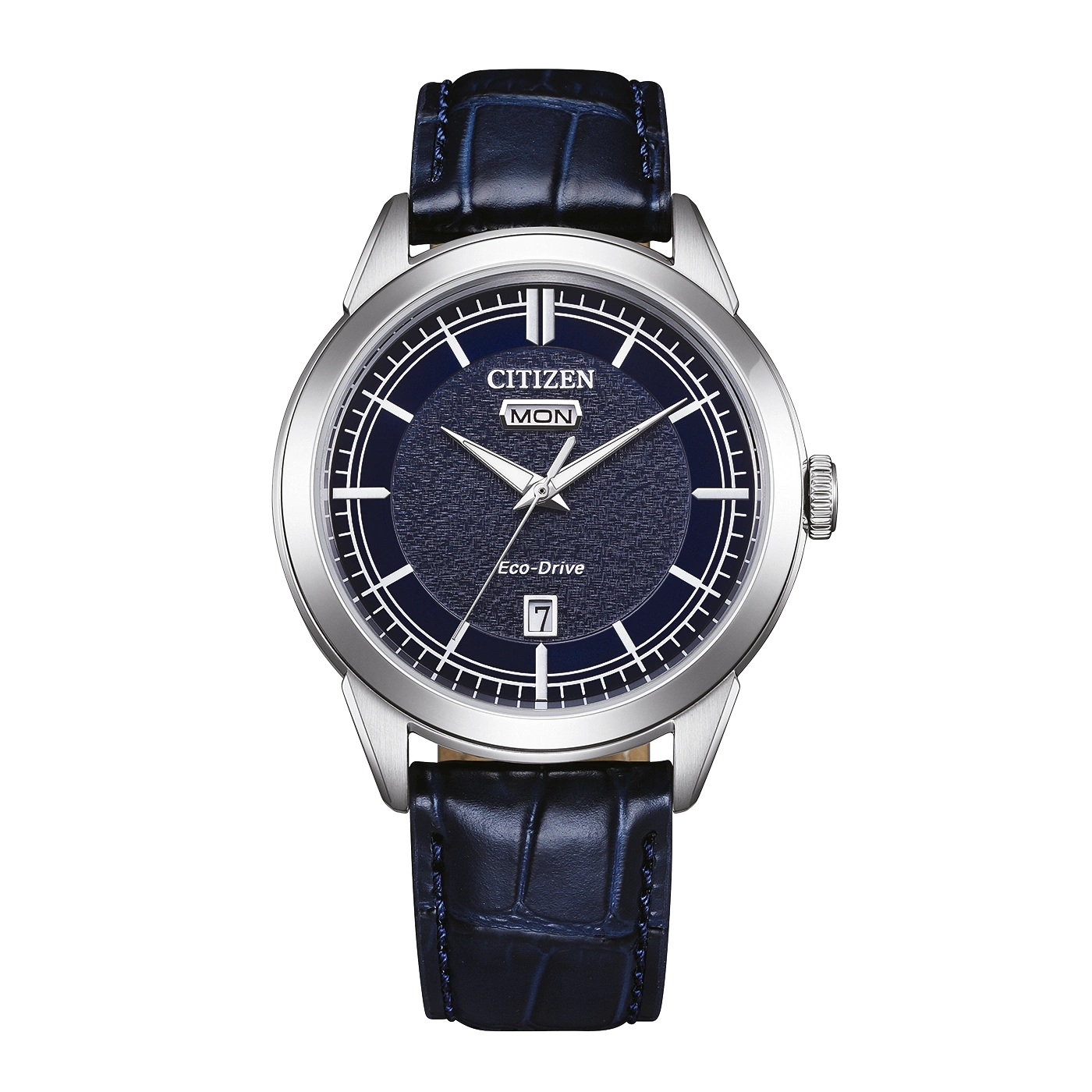 Een blauw Citizen Eco-Drive horloge met een leren band.