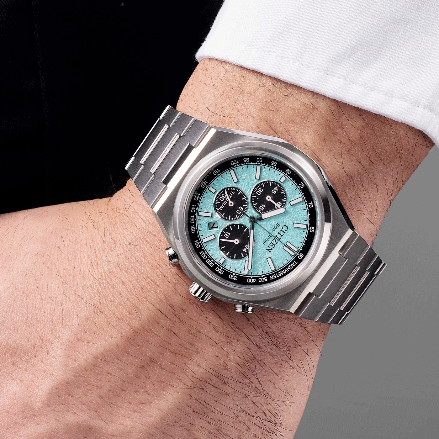 Citizen horloge om de pols, turquoise wijzerplaat, chronograaf, titanium, Eco-Drive, stijlvol accessoire