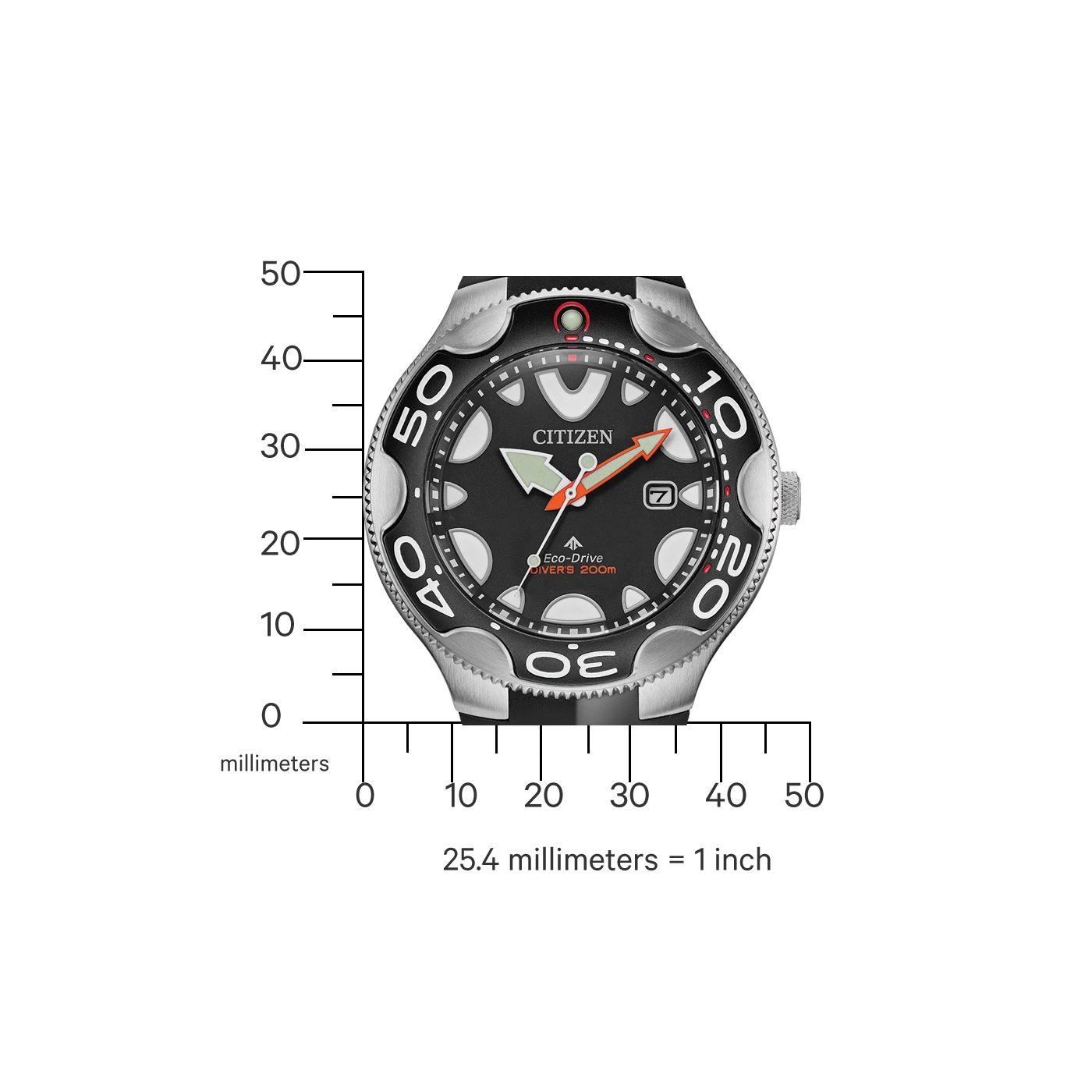Citizen horloge met zwarte wijzerplaat, cijfers en oranje wijzer. Eco-Drive.