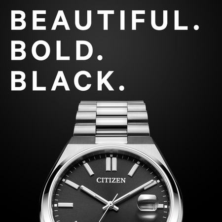 Citizen horloge met de woorden 'Beautiful. Bold. Black.' op zwarte achtergrond.