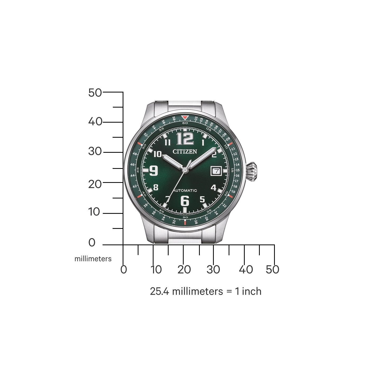 Citizen horloge met groene wijzerplaat, automatisch, en millimeterschaal voor vergelijking.
