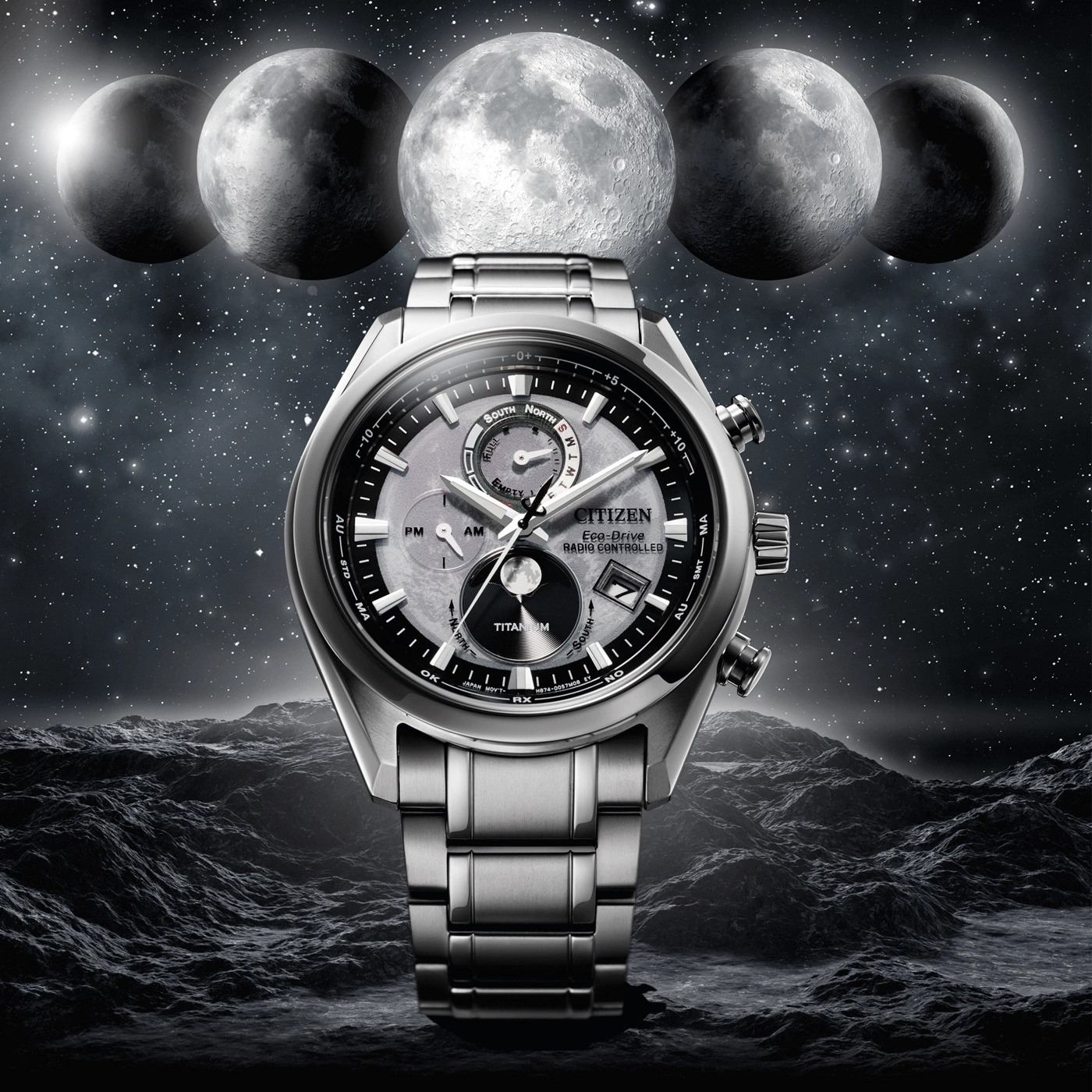 Citizen horloge op een maanoppervlak met manen op de achtergrond, ruimtethema.