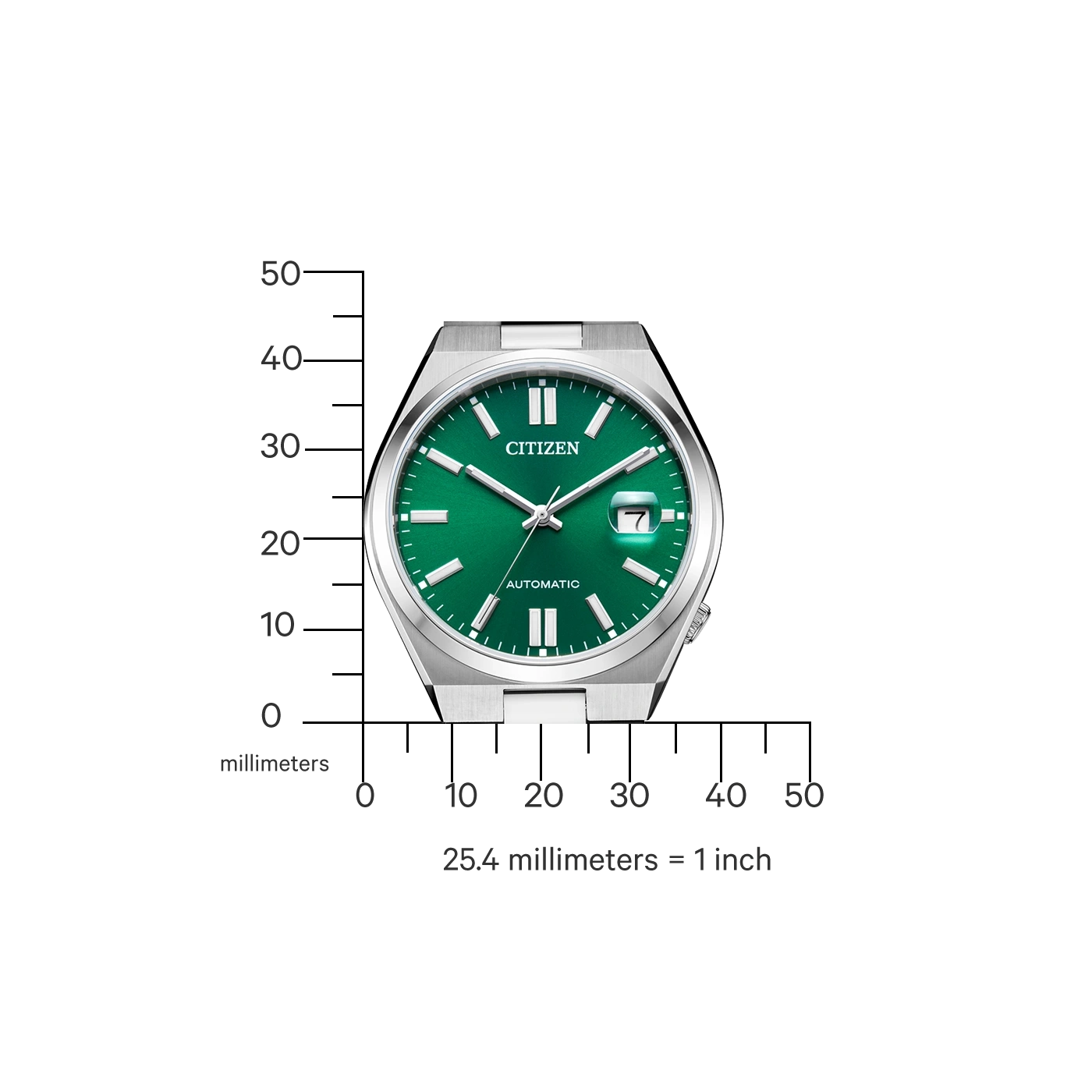Citizen horloge met groene wijzerplaat, automatisch en zilveren kast. Maatschaal.