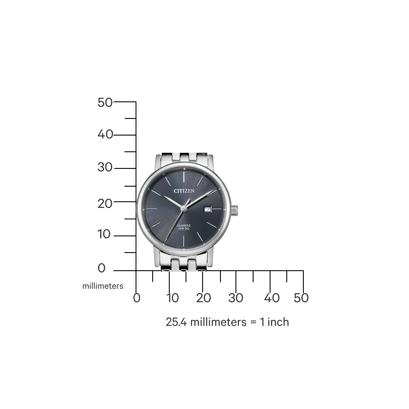 Citizen horloge met een donkergrijze wijzerplaat en een zilveren band, met een liniaal.