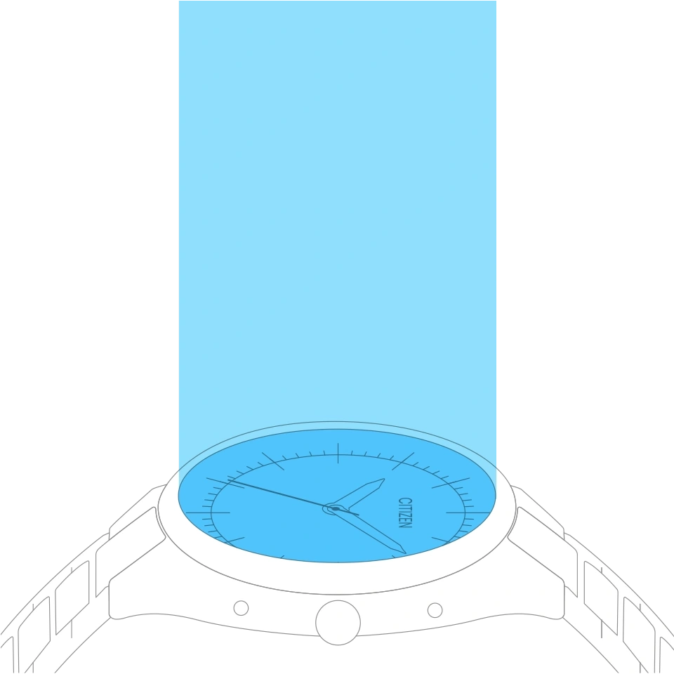 Citizen horloge met blauwe wijzerplaat en lichtblauwe achtergrond, zwarte achtergrond
