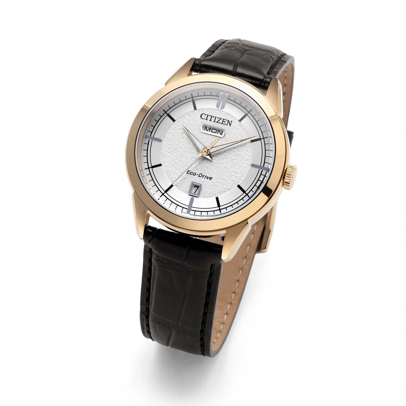 Een Citizen Eco-Drive horloge met een wit gestructureerd wijzerplaat en een zwarte leren band.