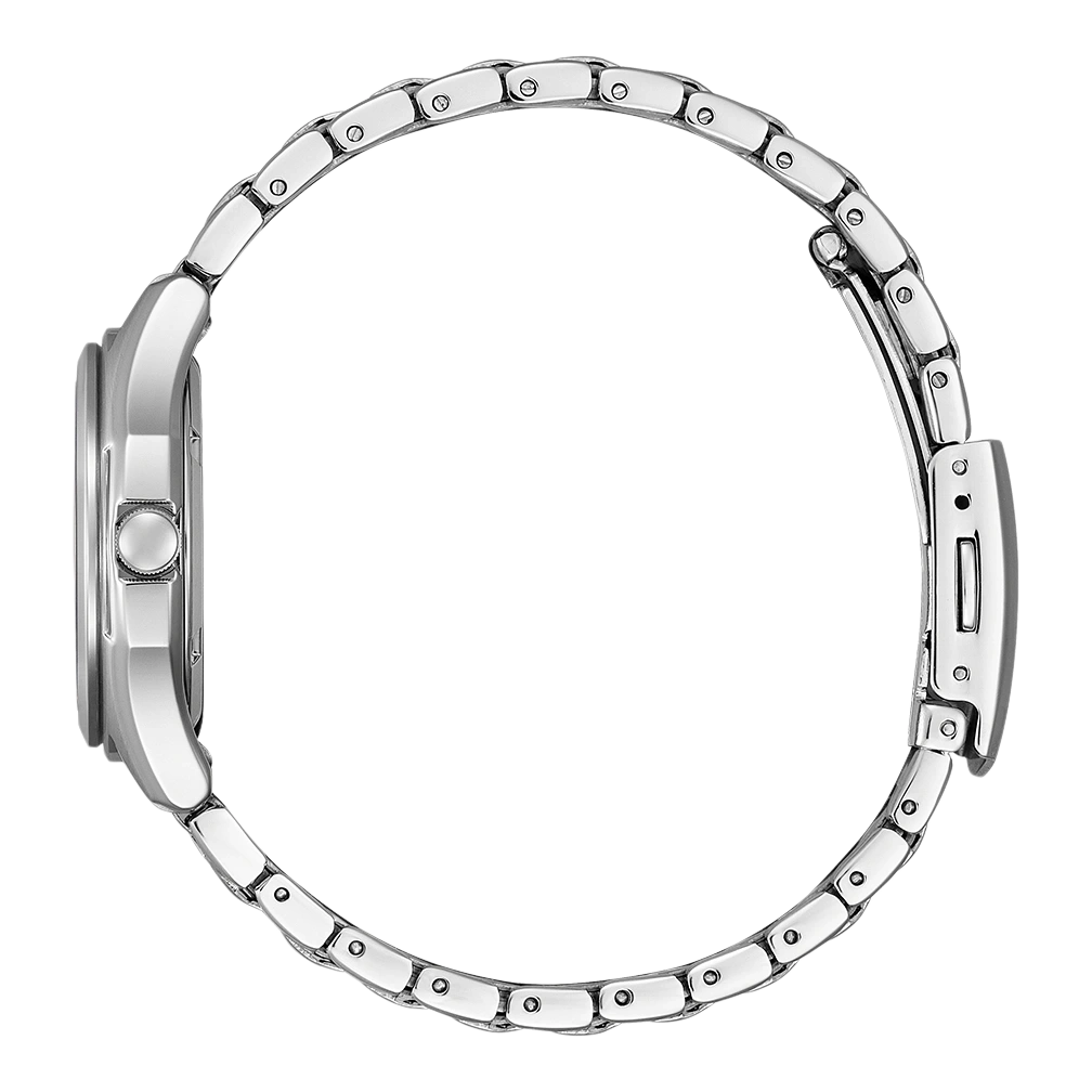 Zilveren horloge met een cirkelvormige band, zijaanzicht, elegant ontwerp, glanzend metaal