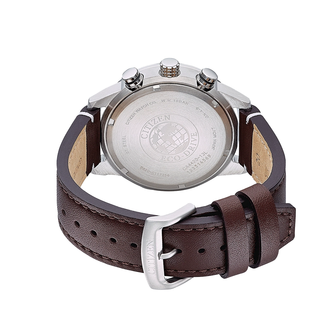 Citizen horlogerug, bruine leren band, roestvrij staal, Eco-Drive, Japanse uurwerk.
