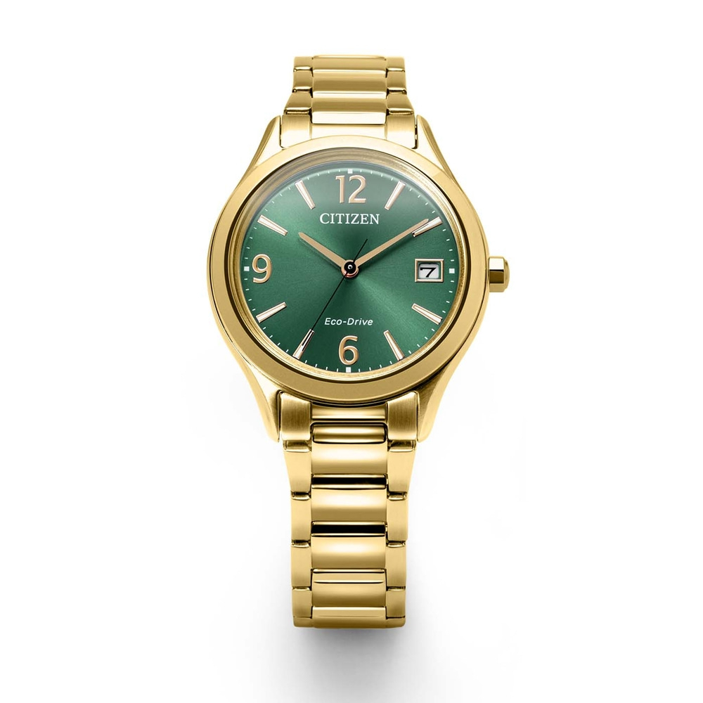 Een gouden Citizen Eco-Drive horloge met een groen wijzerplaat.