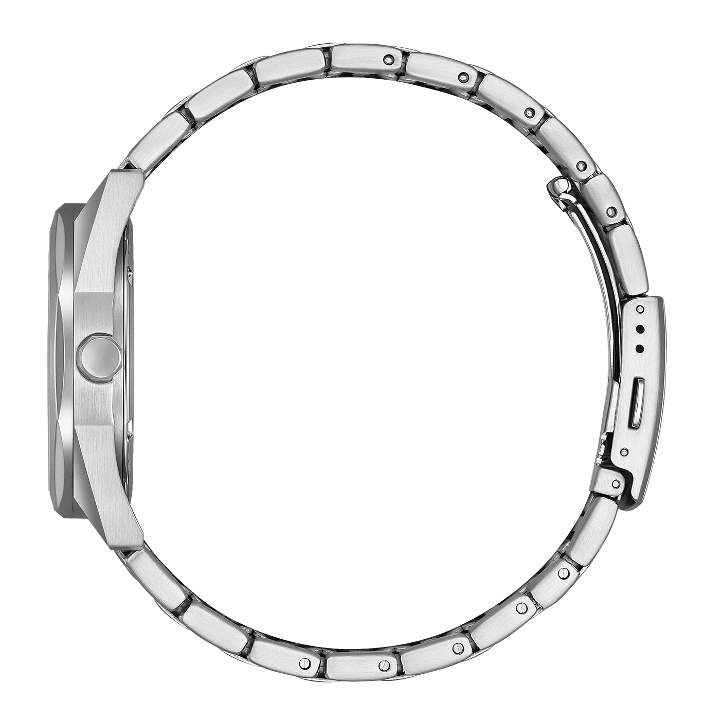 Zijaanzicht van een zilveren horloge met metalen band.