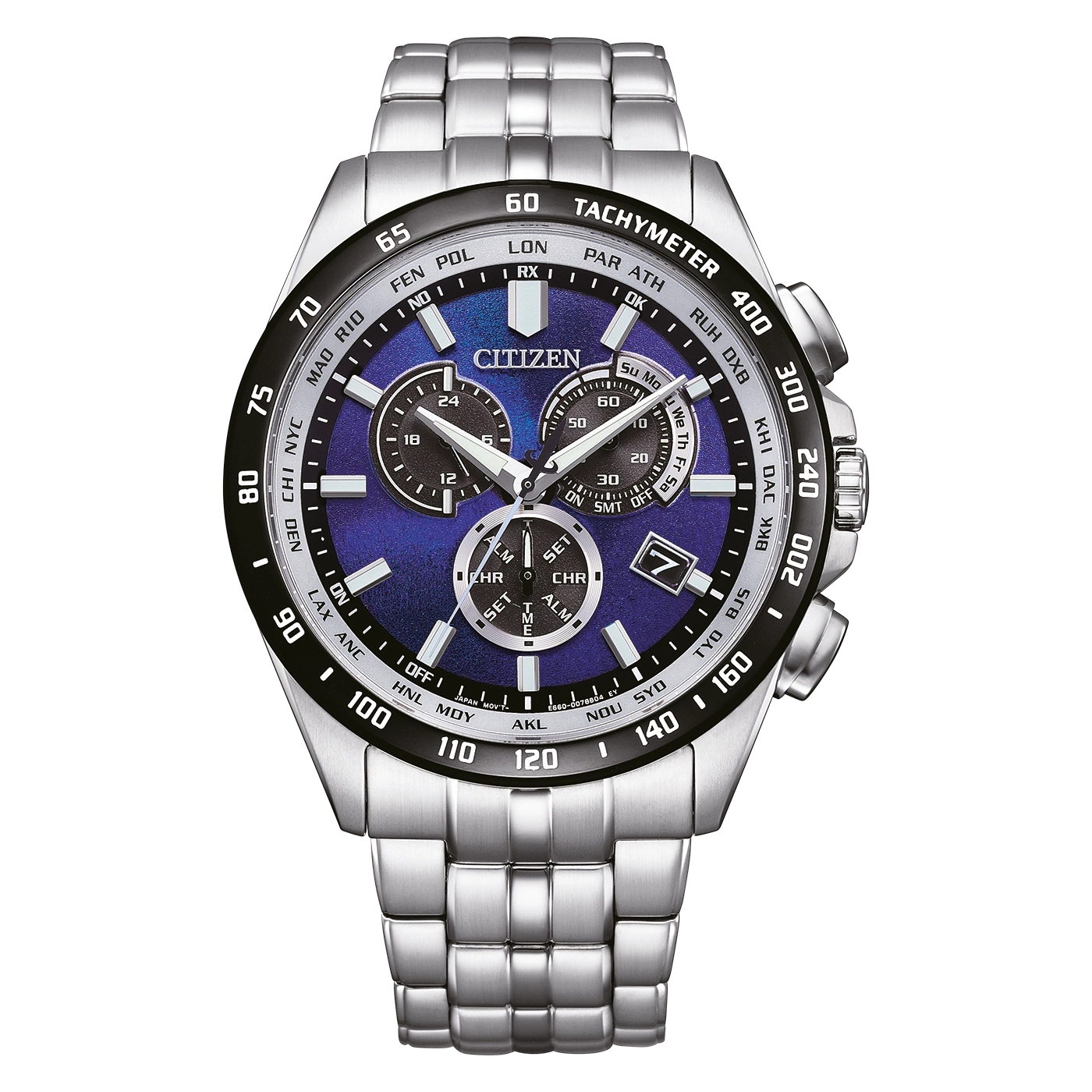 Citizen horloge met blauwe wijzerplaat, zilveren band en chronograaf functies.