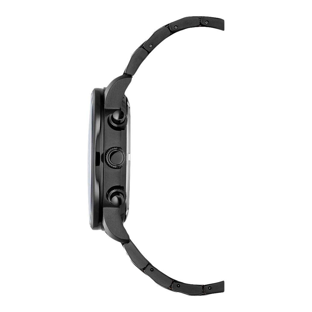 Zwart horloge met zwarte band, zijaanzicht, geïsoleerd op witte achtergrond.