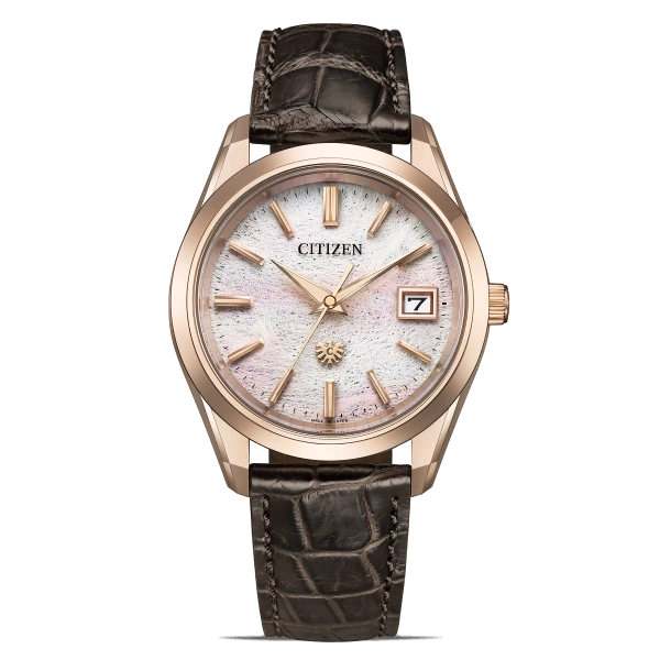 Citizen horloge met roségouden kast en leren band, elegant design.