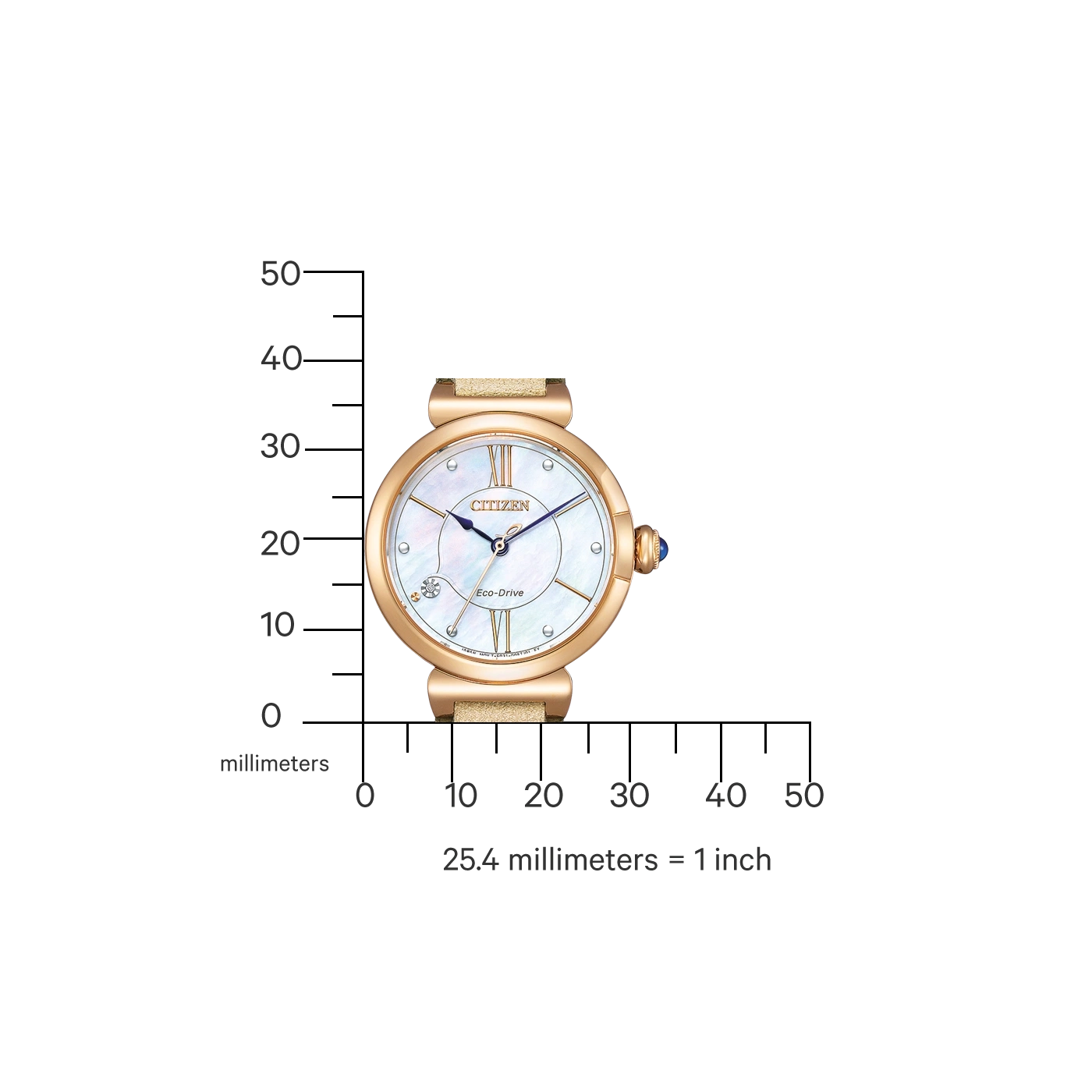 Citizen horloge met schaal in millimeters en inches, Eco-Drive technologie, goudkleurig.