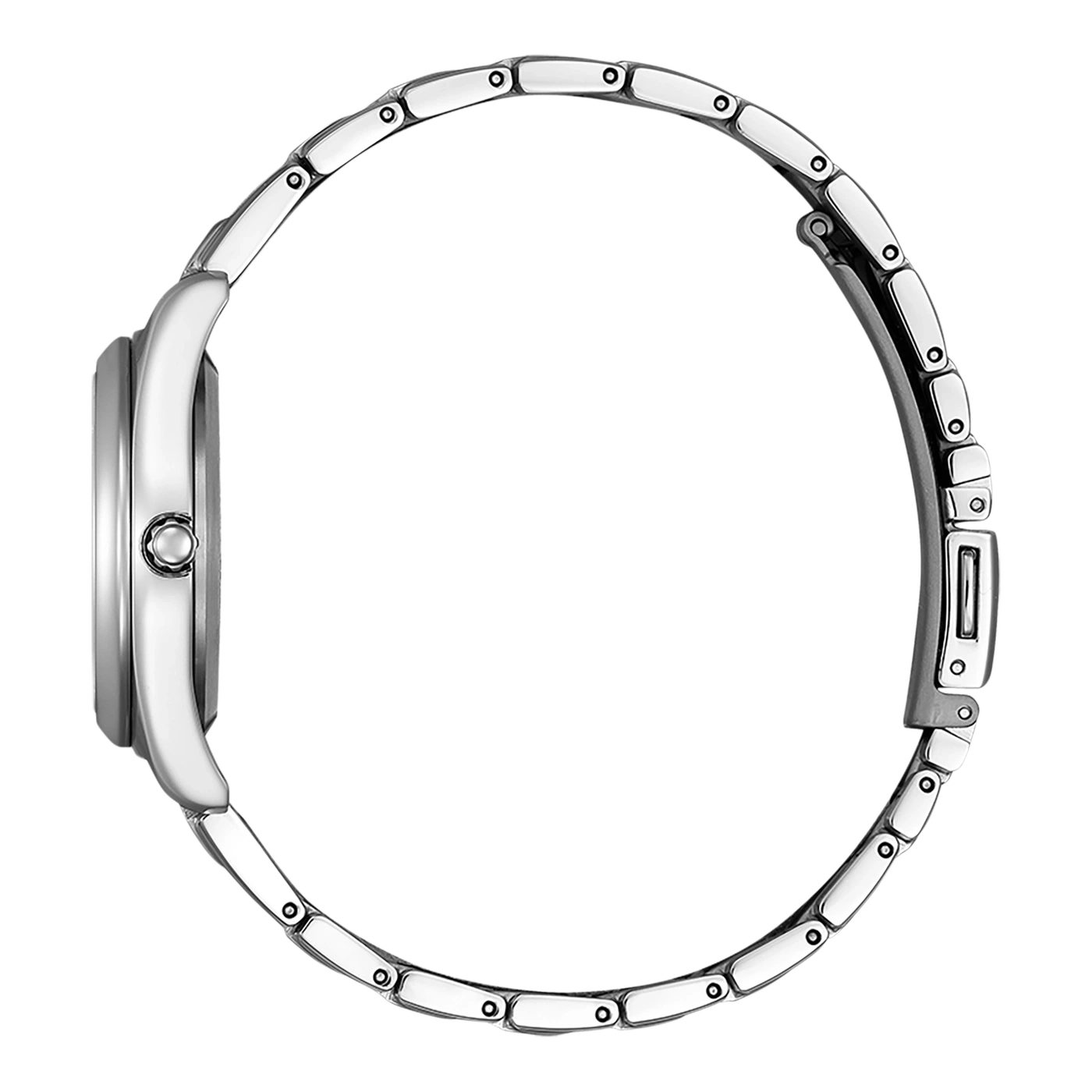 Zijaanzicht van een zilveren polshorloge met metalen band, elegant ontwerp.