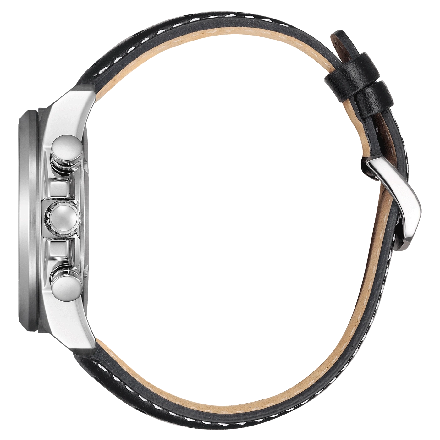 Zijaanzicht van een zilveren horloge met een zwarte leren band.