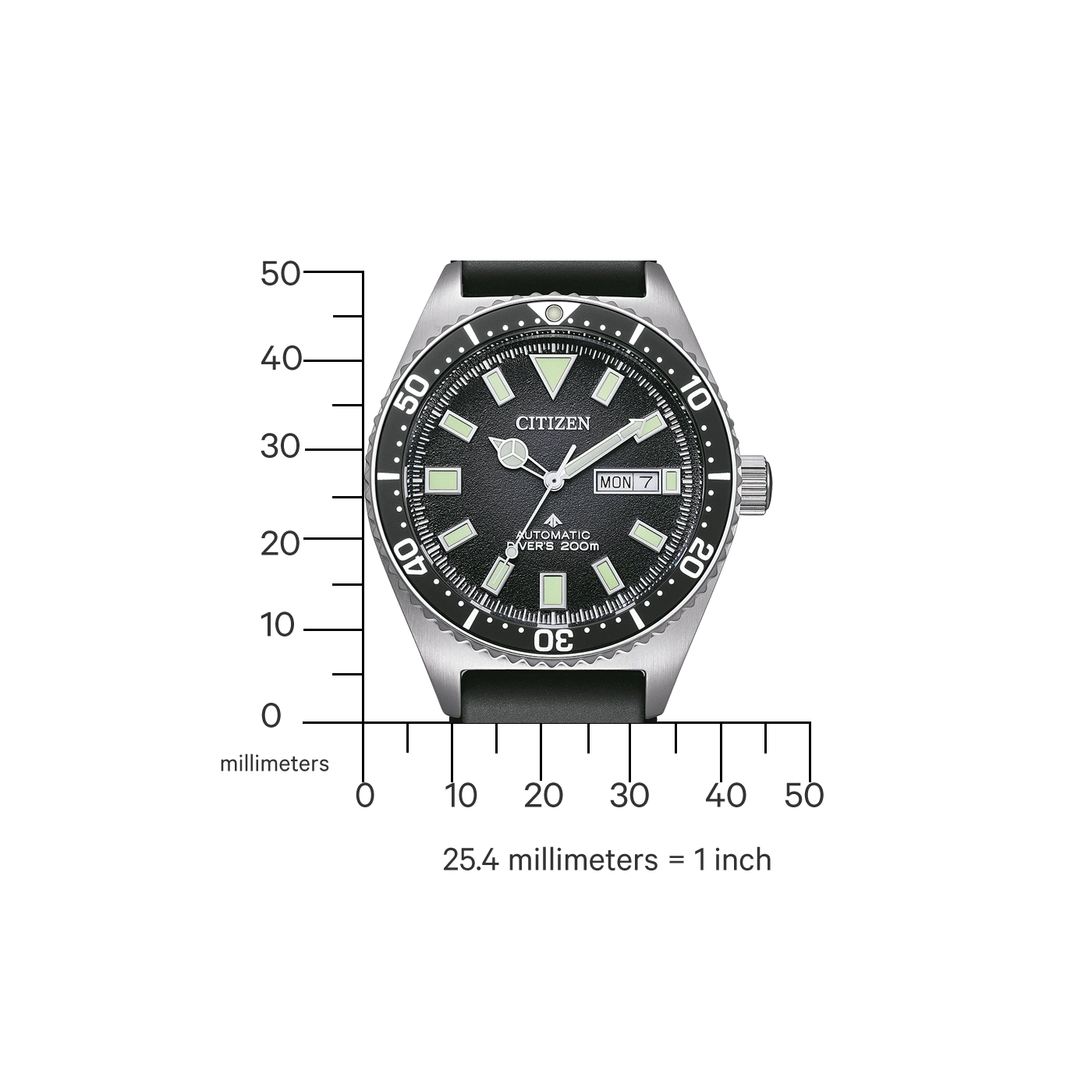 Citizen horloge met zwarte wijzerplaat, schaal en tekst 'AUTOMATIC DIVER'S 200m'
