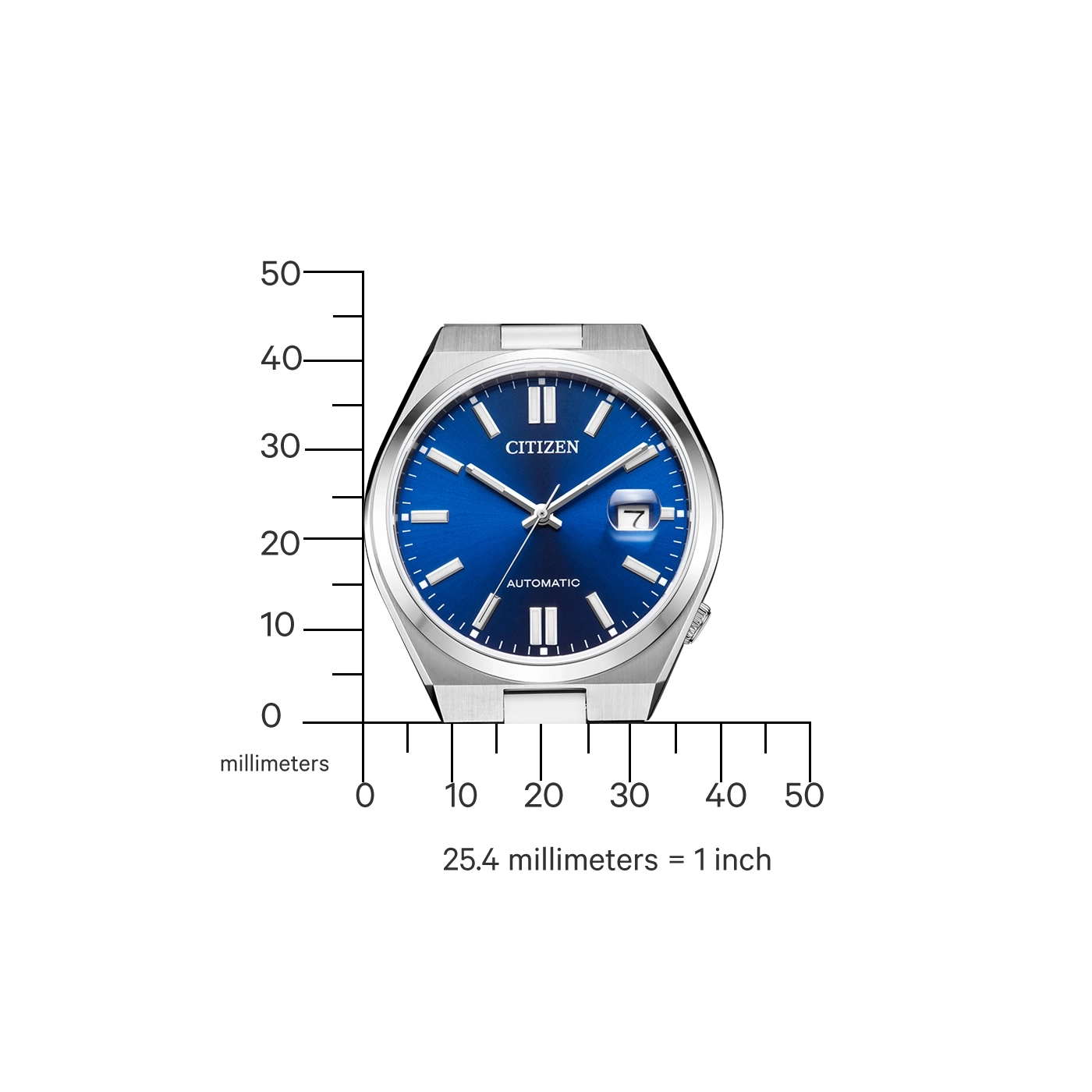 Citizen horloge met blauwe wijzerplaat, automatisch, en meetschaal in millimeters.