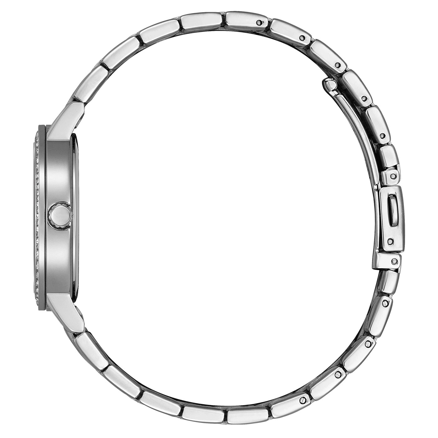 Zilveren horloge met ronde wijzerplaat en metalen band, zijaanzicht.