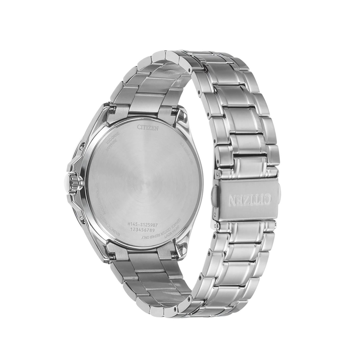 Citizen horloge, roestvrij staal, Eco-Drive, saffier, waterdicht, Japan, achterkant