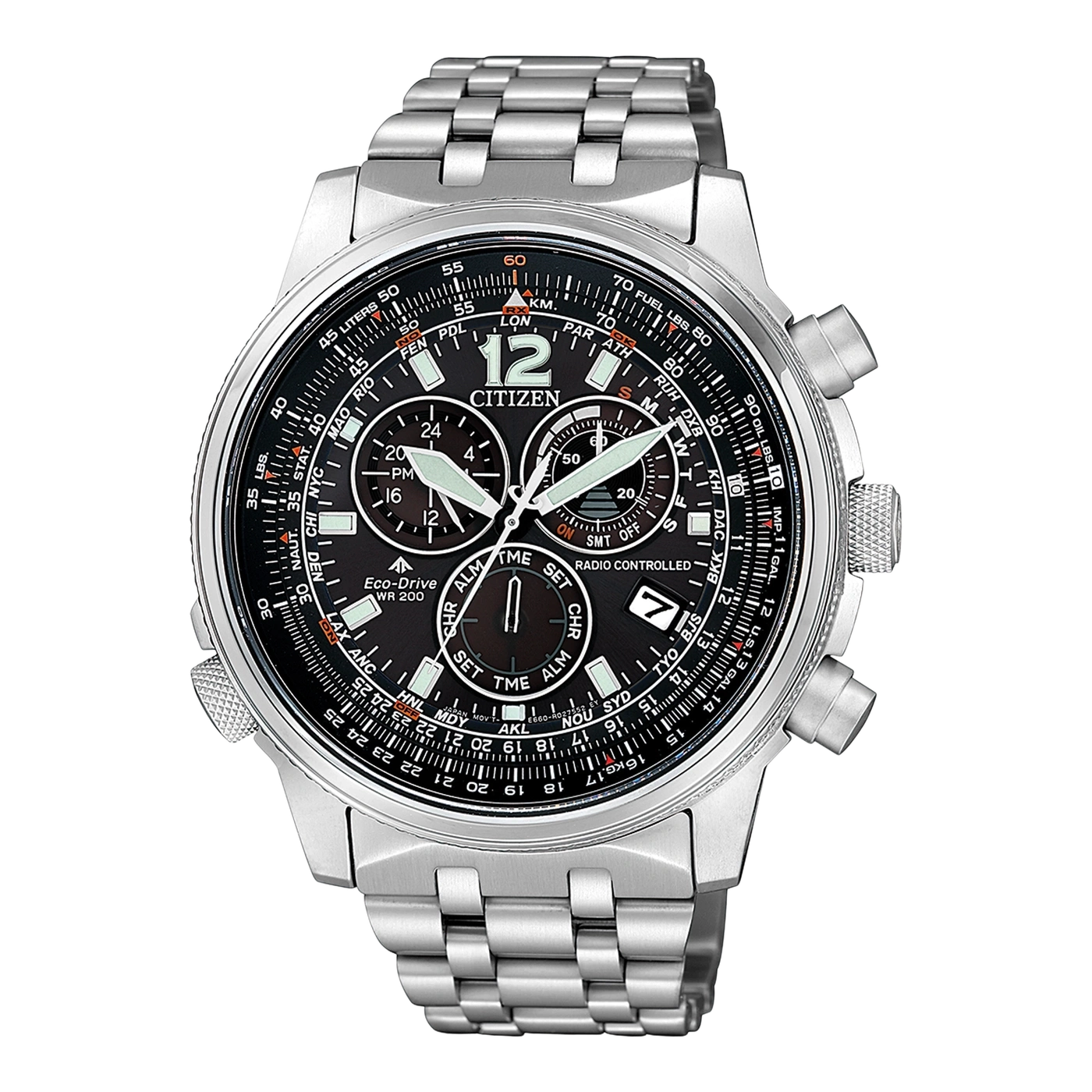 Citizen horloge met zwarte wijzerplaat, zilveren band en meerdere sub-wijzerplaten.