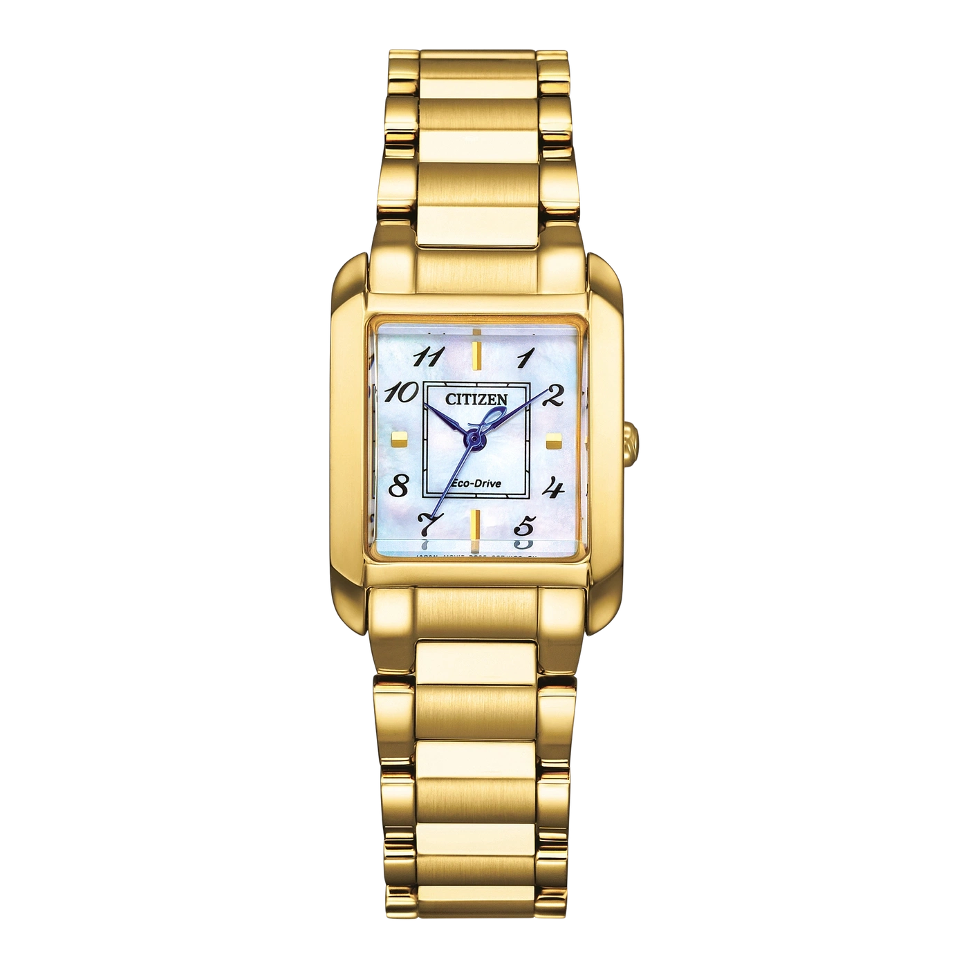 Gouden Citizen horloge met rechthoekige wijzerplaat en gouden band, elegant design.