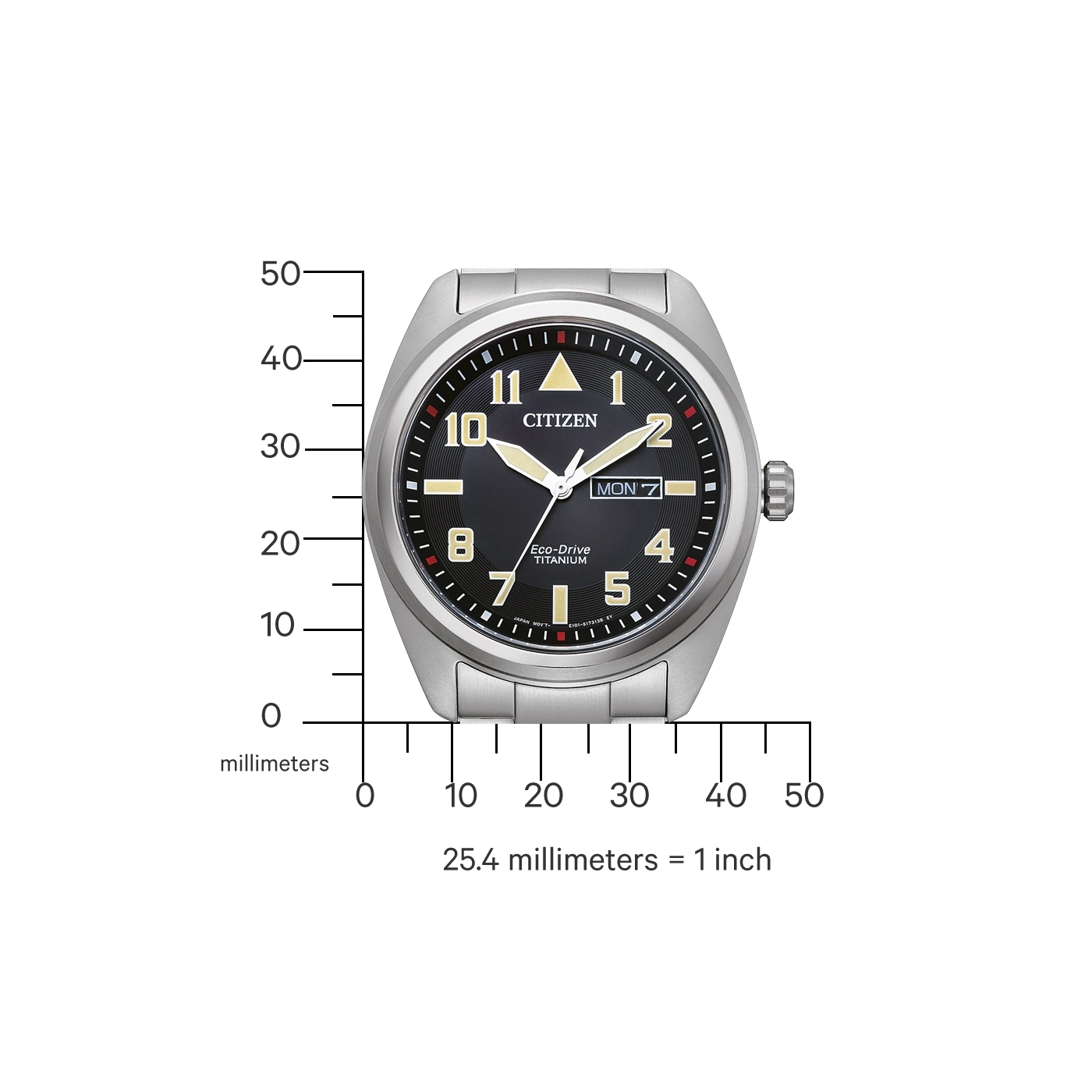 Citizen horloge met zwarte wijzerplaat, titanium, Eco-Drive en dagweergave.