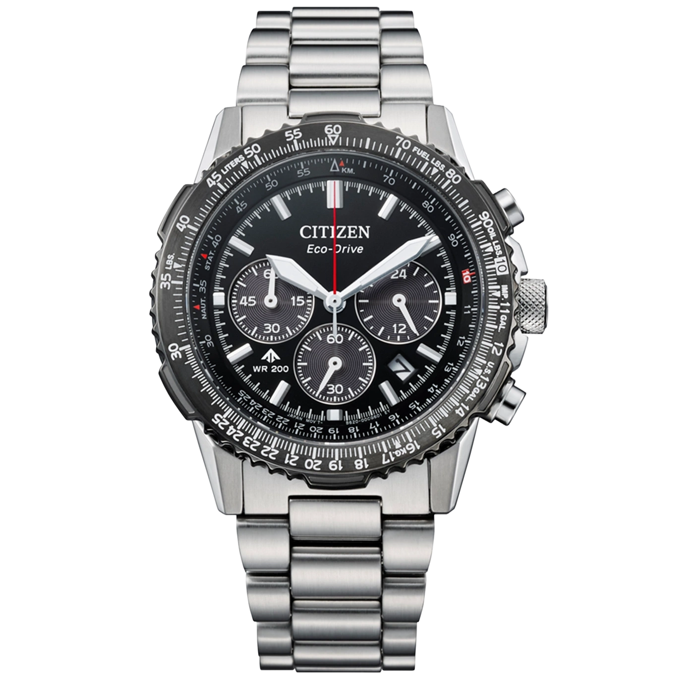 Een Citizen Eco-Drive horloge met zwarte wijzerplaat en metalen band.
