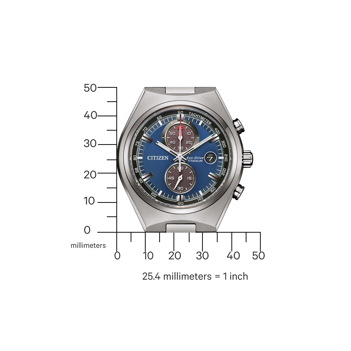 Citizen horloge met blauwe wijzerplaat, tachymeter en titanium Eco-Drive.