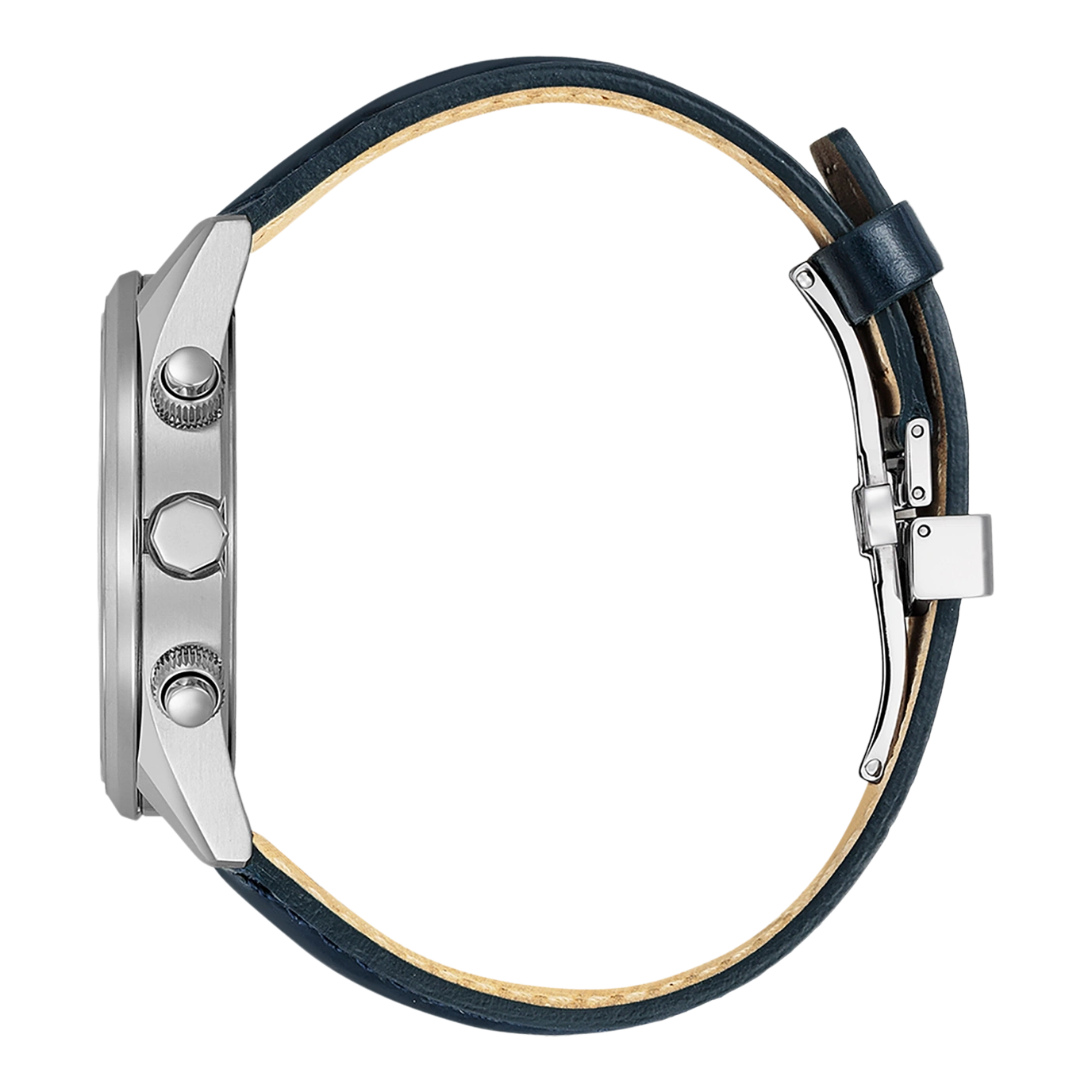 Zijaanzicht van een zilveren horloge met een blauwe leren band.