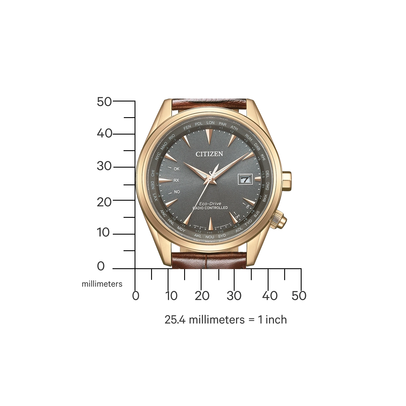 Citizen horloge met gouden kast en bruine leren band, tijdweergave.