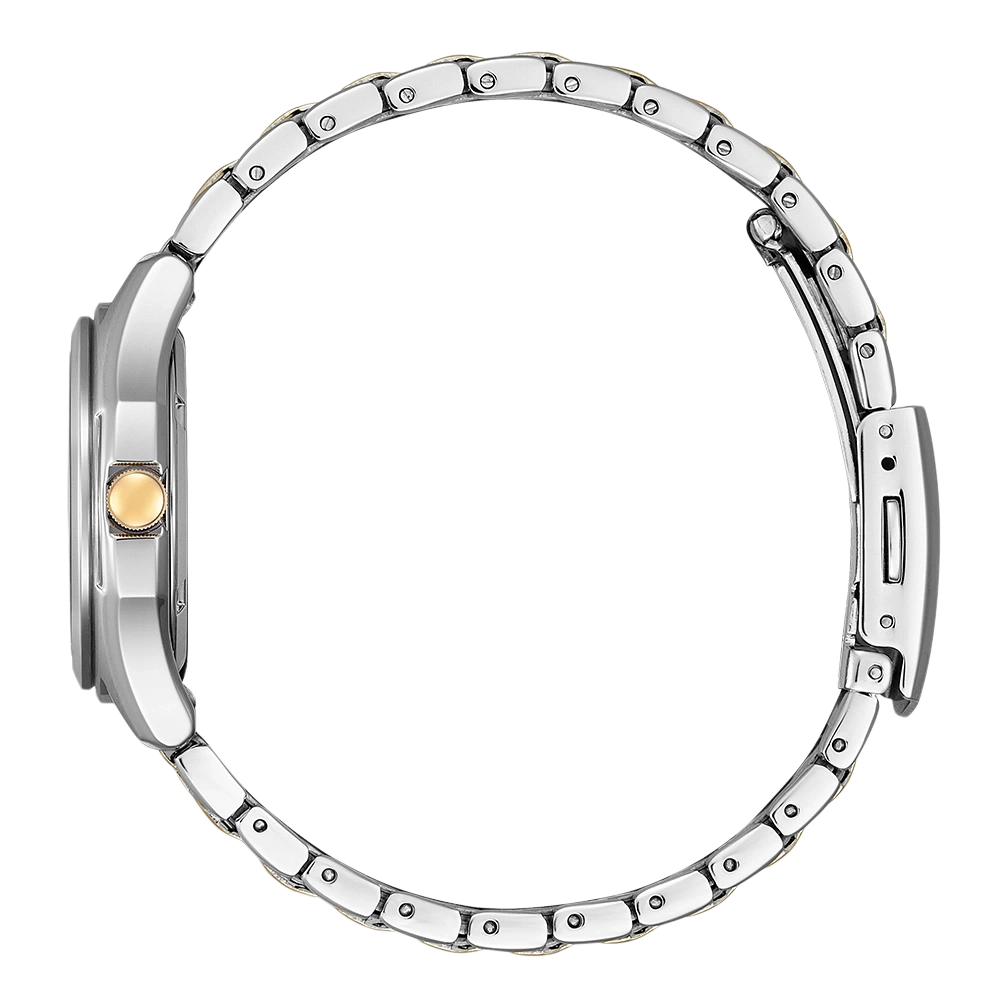 Zijaanzicht van een zilveren en gouden horloge met metalen band