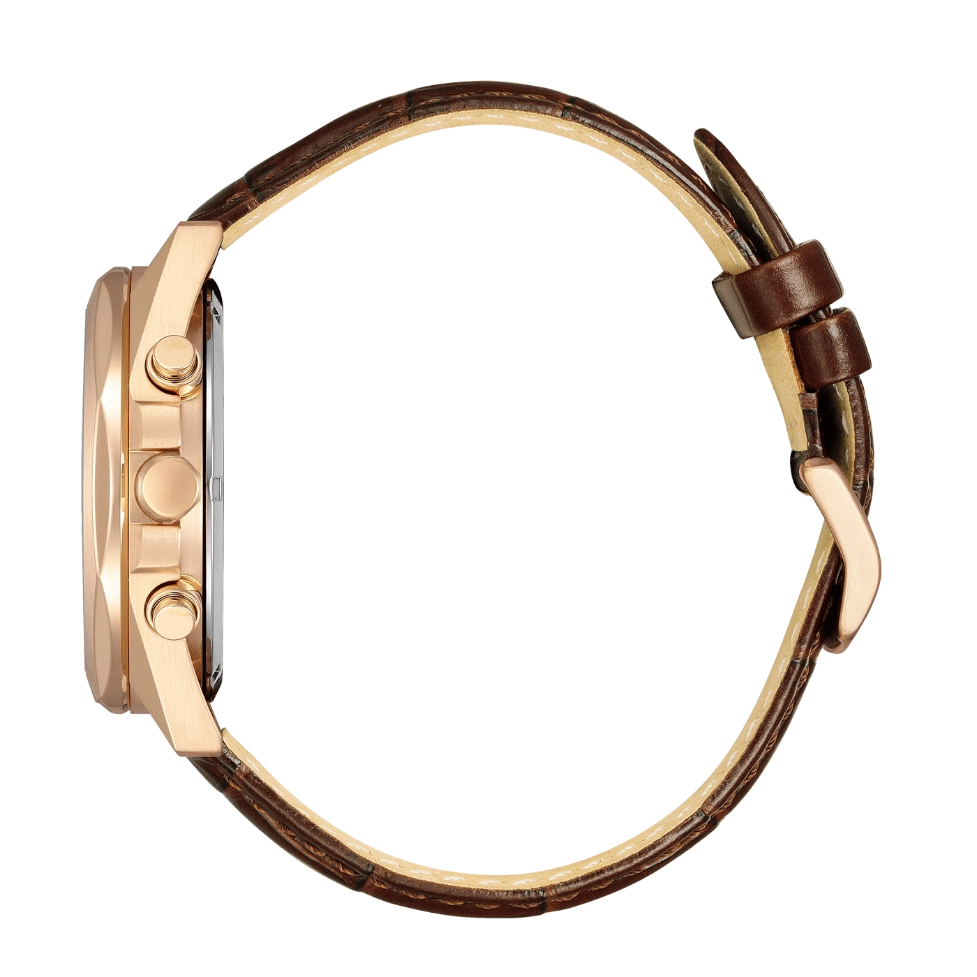 Zijaanzicht van een gouden horloge met een bruine leren band.