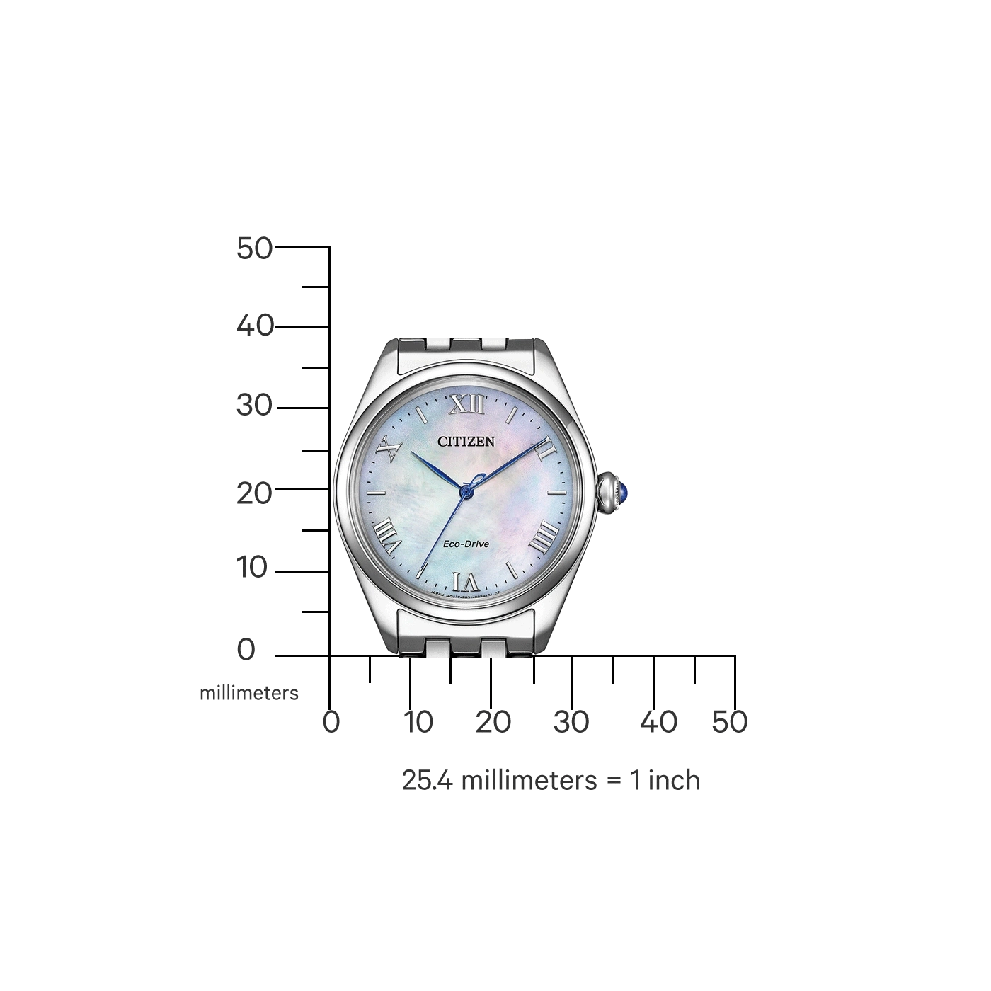Citizen horloge met een schaal in millimeters, die de grootte van het horloge aangeeft.