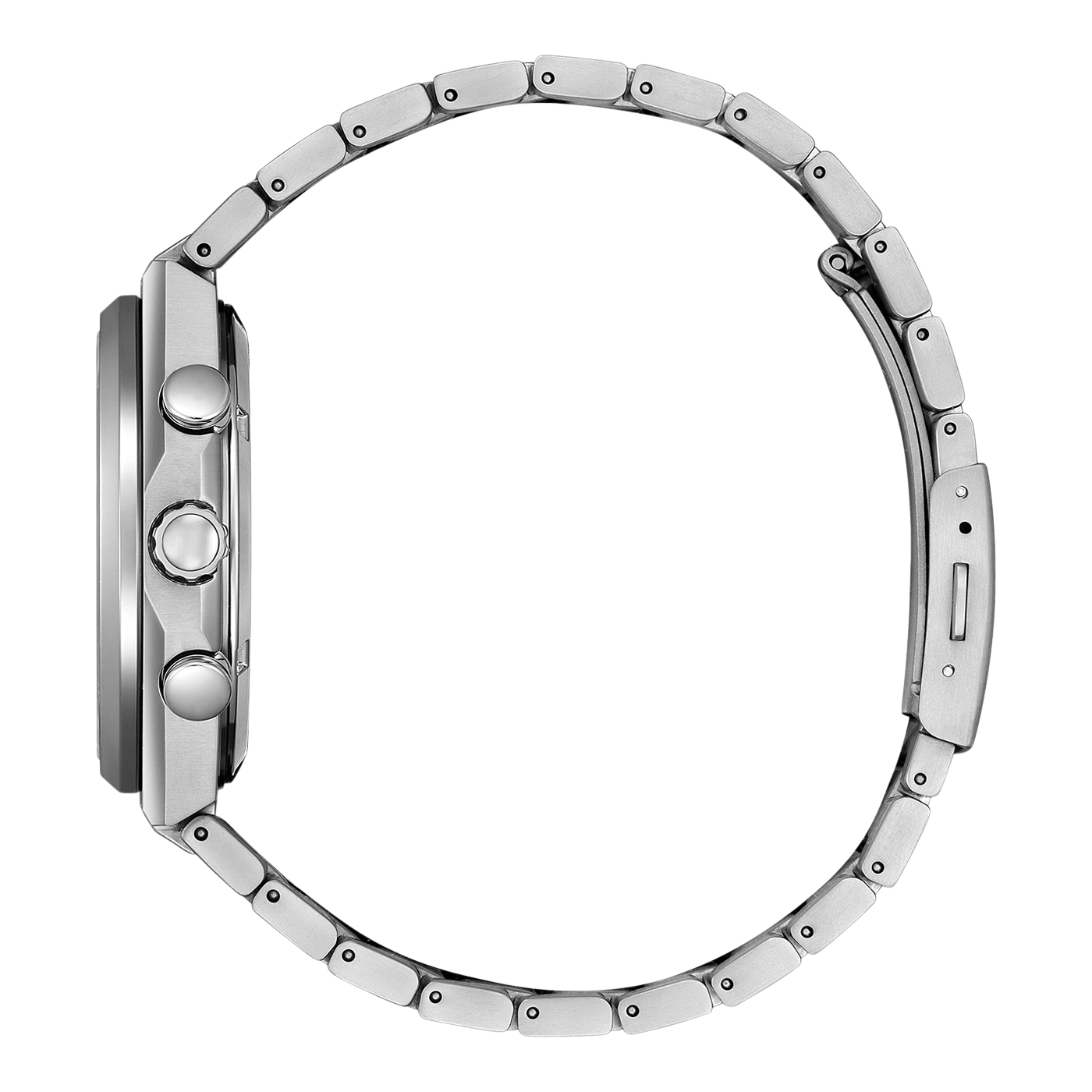 Zilveren horloge met metalen band, zijaanzicht, elegant design, moderne stijl.