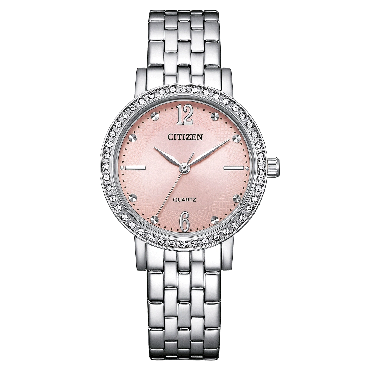 Citizen horloge met roze wijzerplaat en zilveren armband, quartz uurwerk