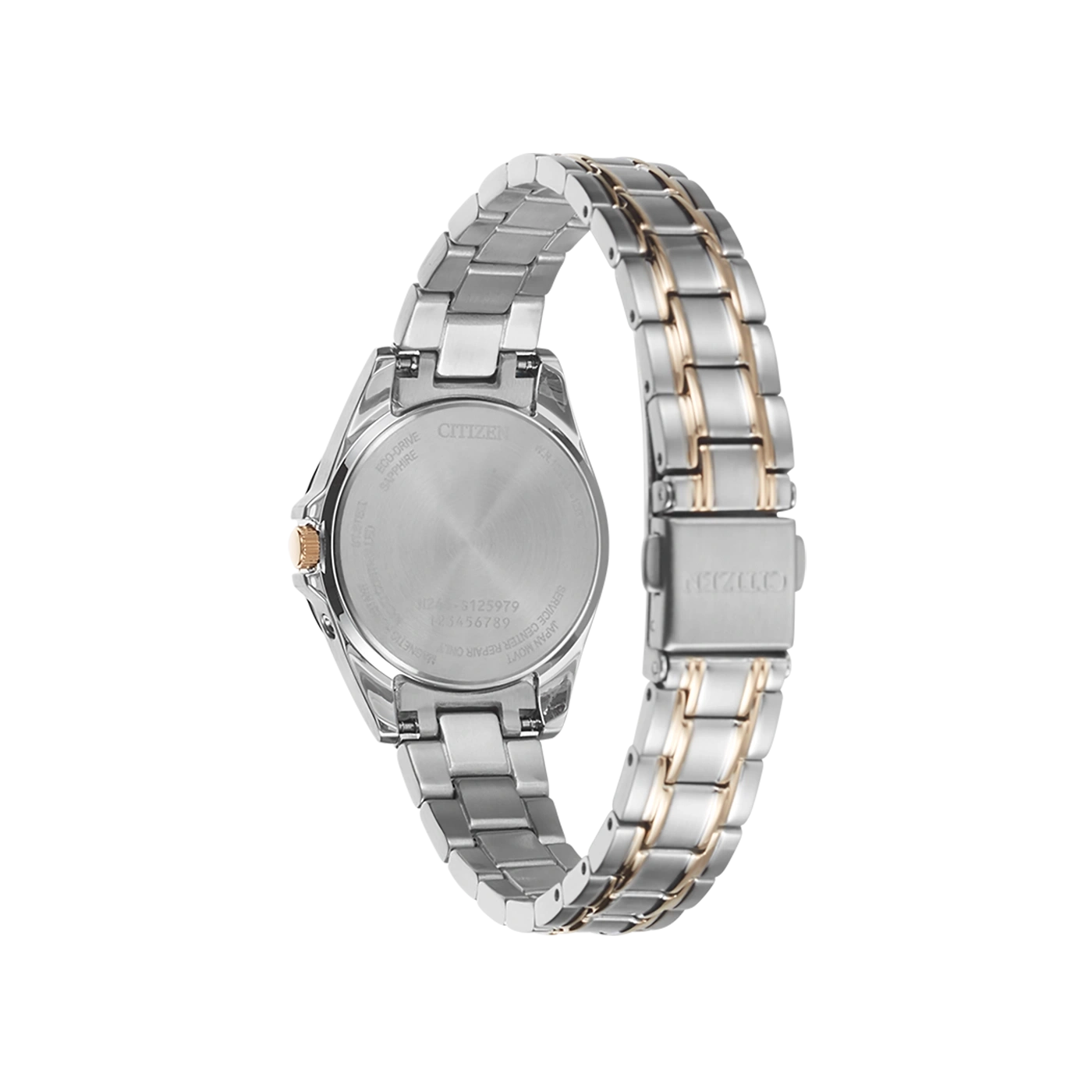 Citizen horlogerug, zilver en goud, Eco-Drive, saffier, Japanse uurwerk.